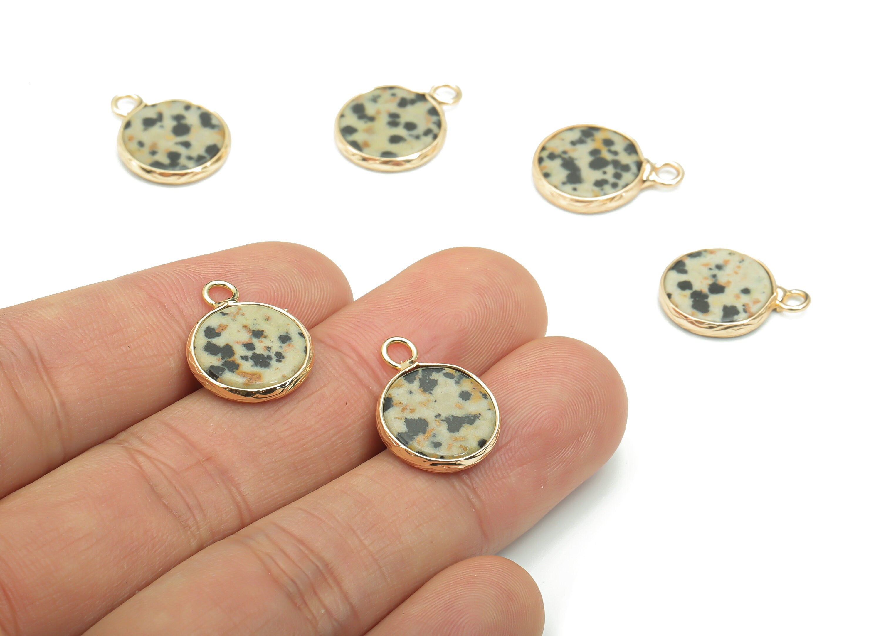 Dalmatian Jasper Natural Stone Earring Charms - Brass Round Pendant - Gold Tone Plated Brass – Jewelry Supplies - 18.43x13.8x2.4mm – NS1639C - DOMEDBAZAAR
