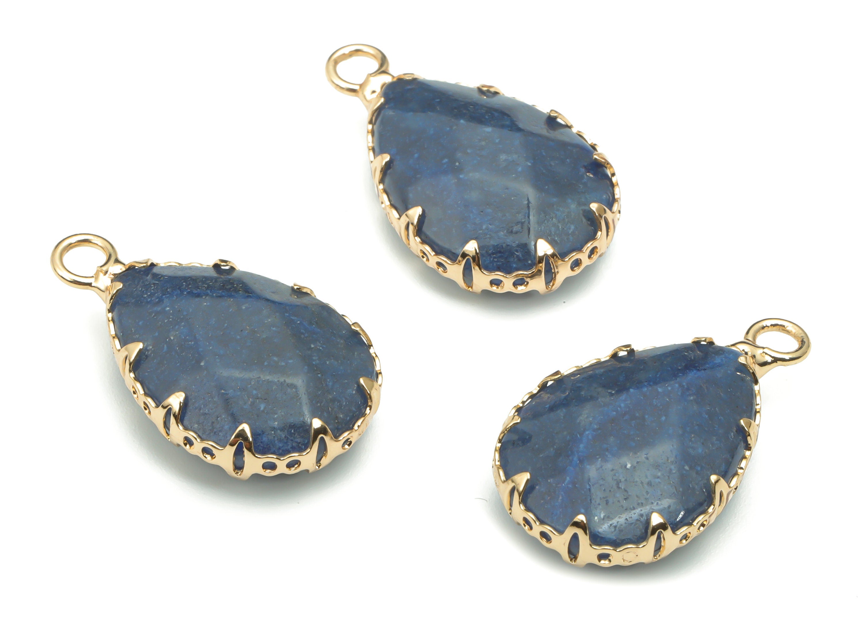 Blue Aventurine Faceted Natural Stone Teardrop Charms - Brass Drop Pendant - Gold Tone Plated Brass – 23.14x13.93x5.6mm – NS1636D - DOMEDBAZAAR