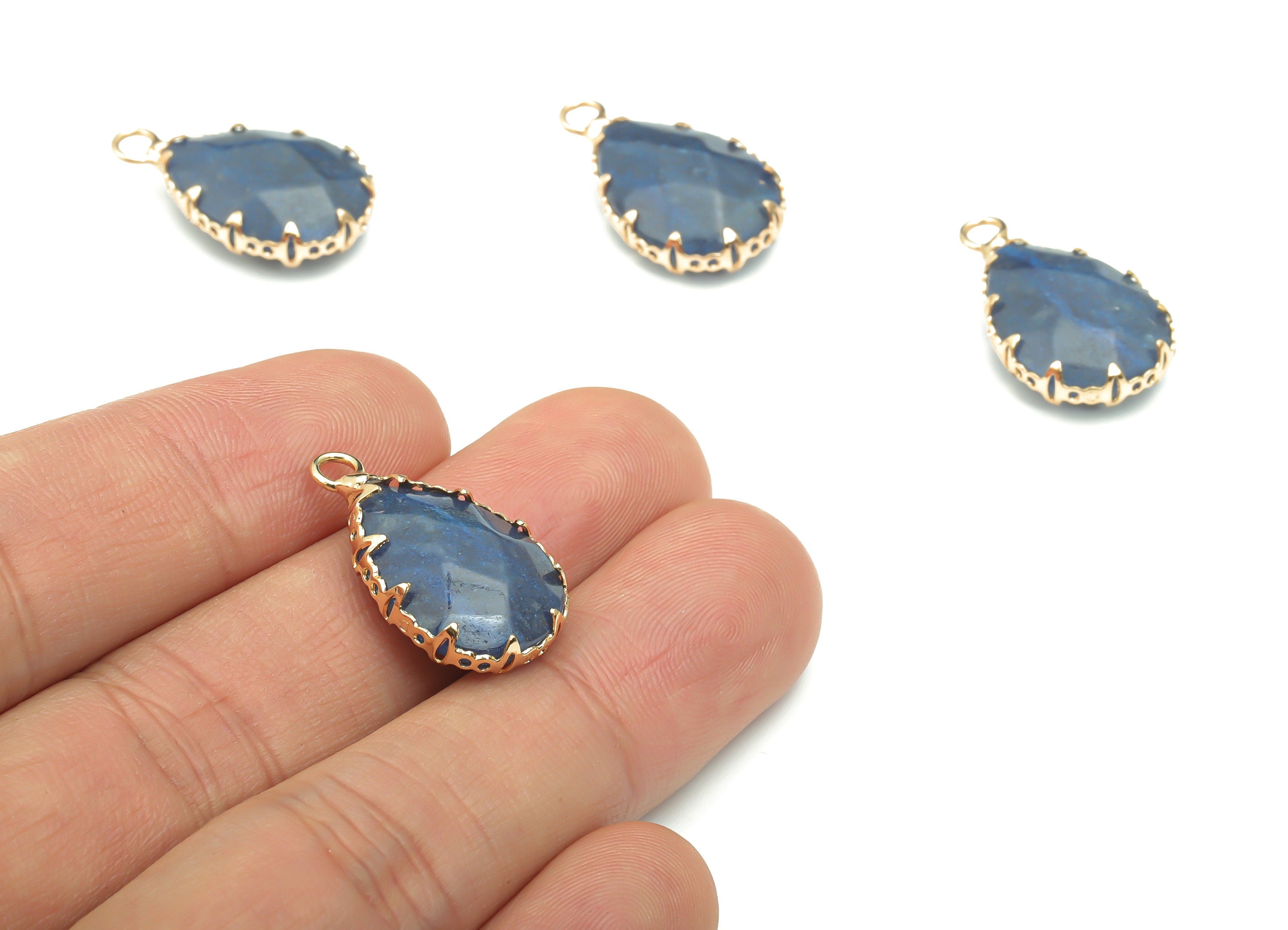 Blue Aventurine Faceted Natural Stone Teardrop Charms - Brass Drop Pendant - Gold Tone Plated Brass – 23.14x13.93x5.6mm – NS1636D - DOMEDBAZAAR