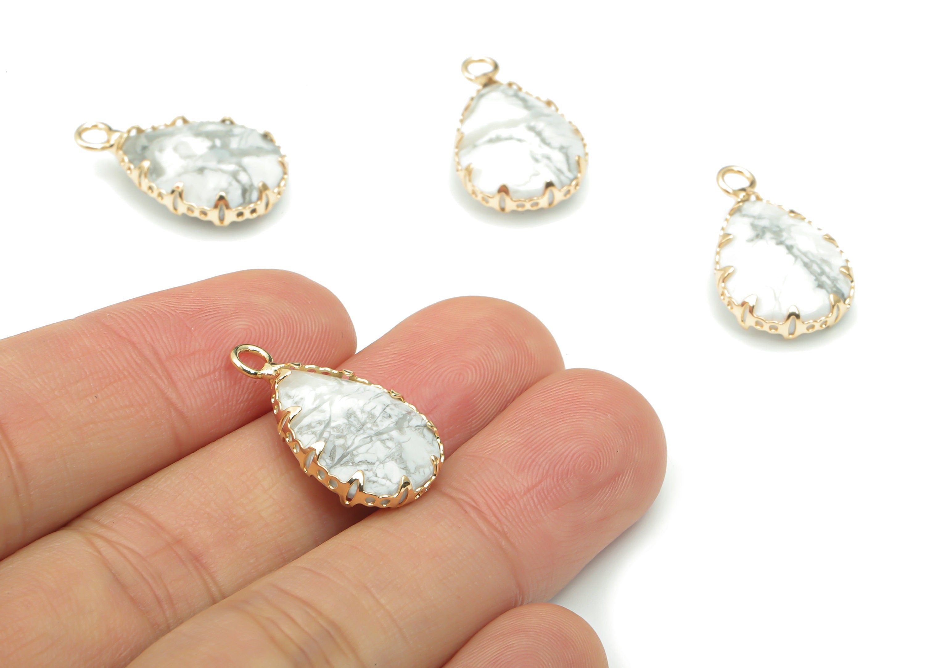 Howlite Faceted Natural Stone Teardrop Charms - Brass Drop Pendant - Gold Tone Plated Brass – Jewelry Supplies - 23.14x13.93x5.6mm – NS1636E - DOMEDBAZAAR