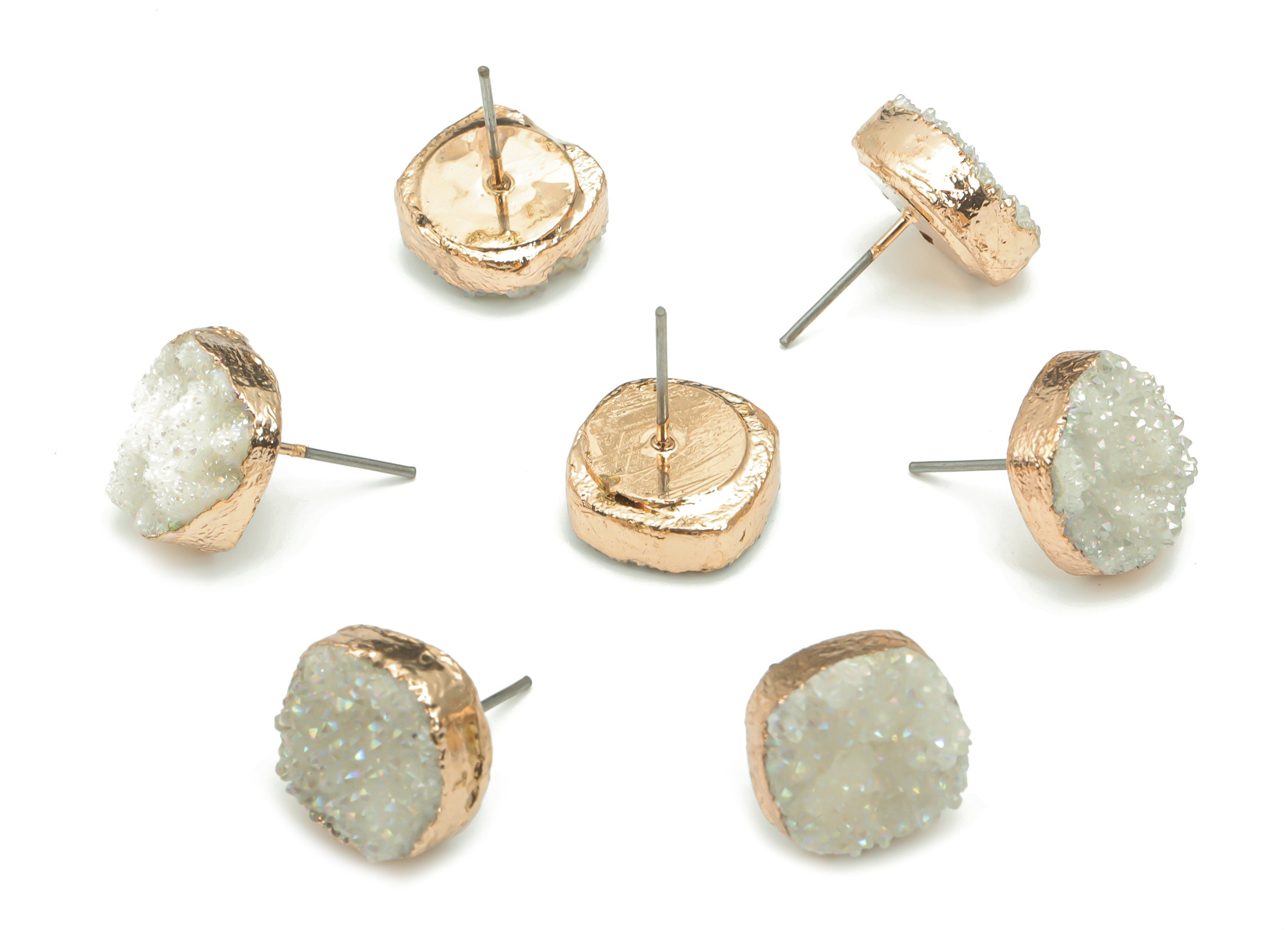 White Druzy Aura Quartz Natural Stone Stud - Brass Square Post - Gold Tone Plated Brass – Stainless Steel Stud - 12.53x12.4x6.2mm - NS1631 - DOMEDBAZAAR