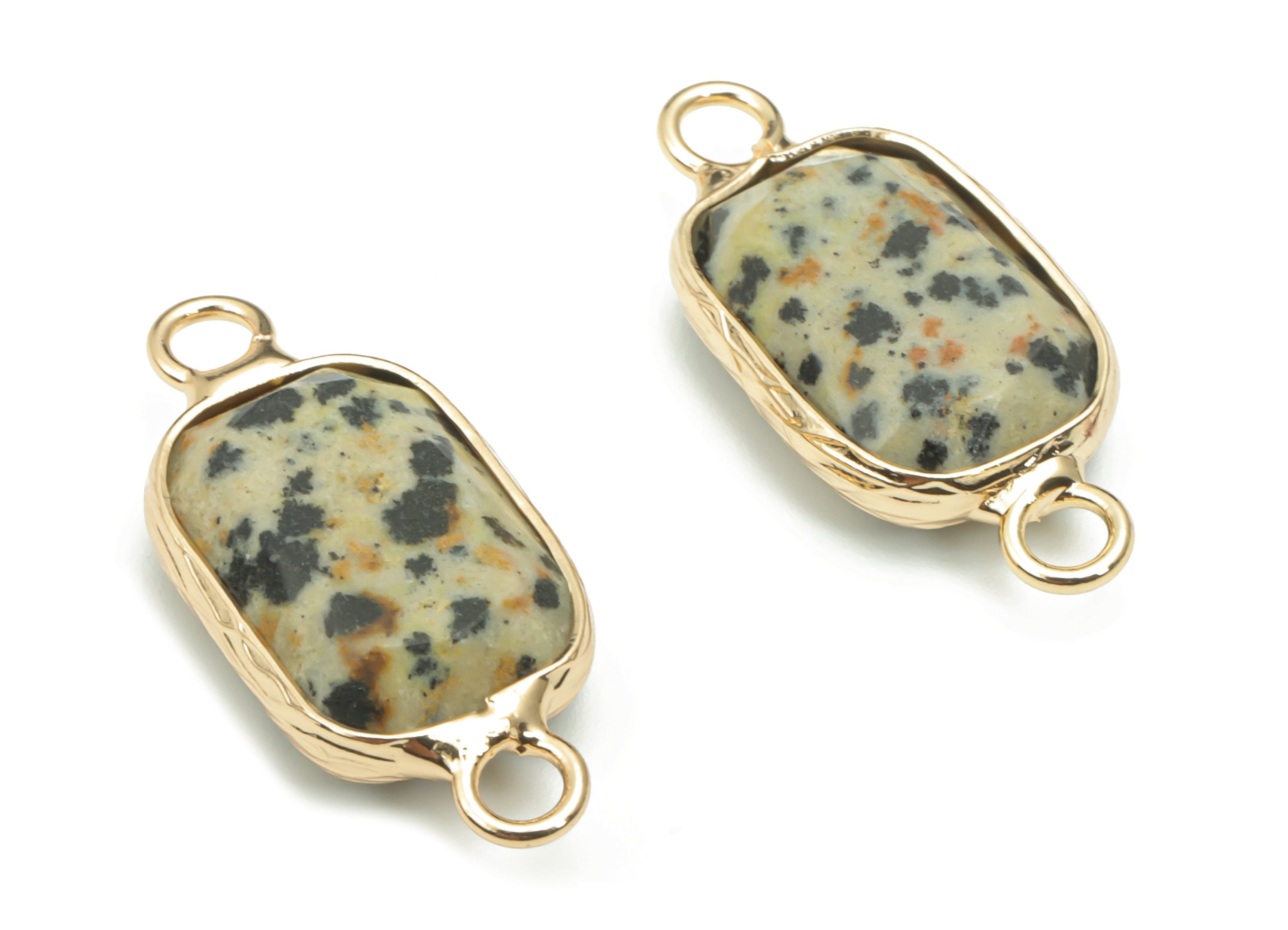 Dalmatian Jasper Faceted Natural Stone Connectors - Brass Rectangle Charms - Gold Tone Plated Brass – 24.43x11.49x5.2mm – NS1630B - DOMEDBAZAAR