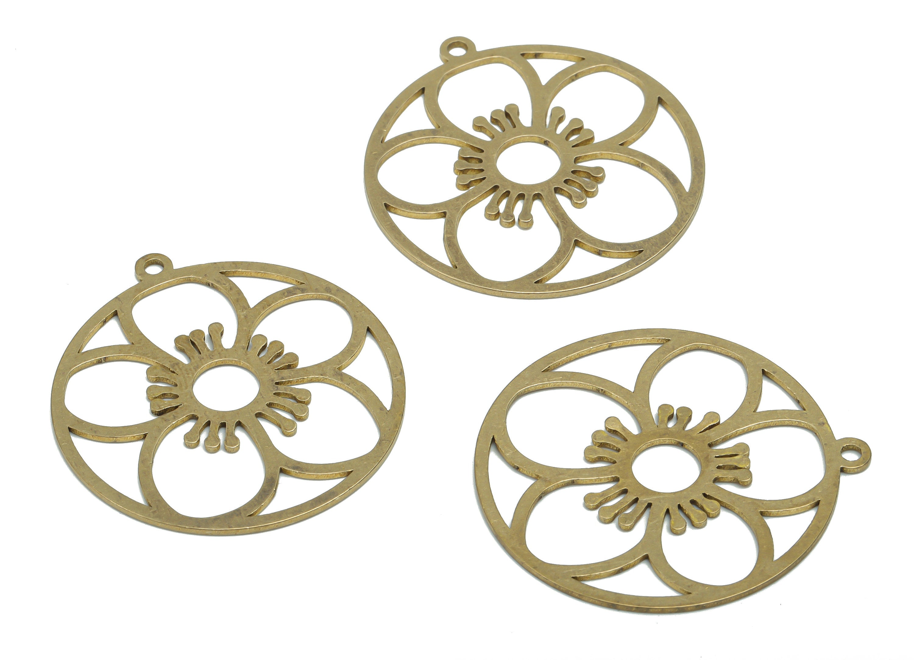 Brass Round Flower Earring Charms - Raw Brass Sun Circle Pendant - Jewelry Making Supplies - 38.12x35.07x0.94mm - PPA1956 - DOMEDBAZAAR