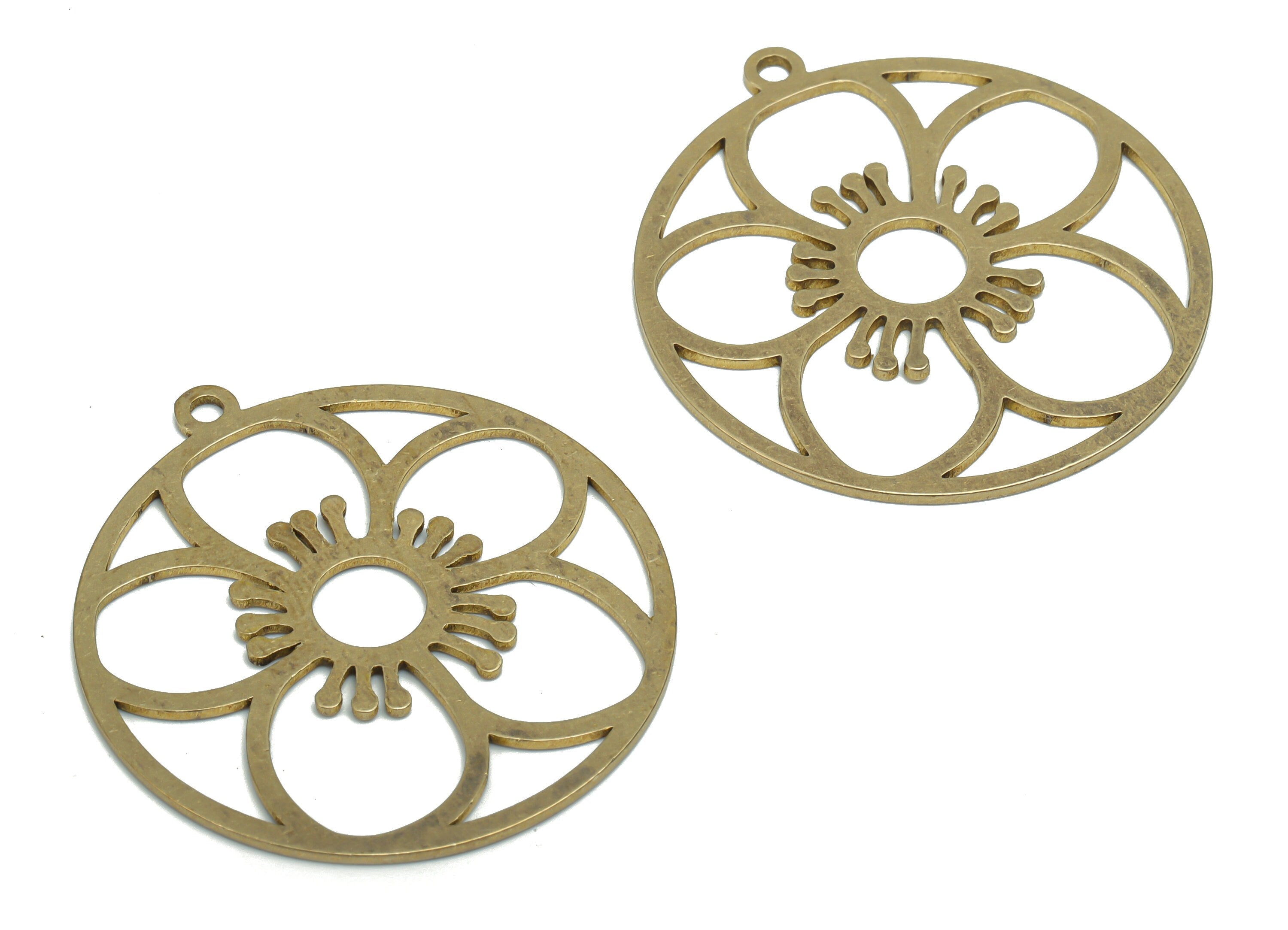 Brass Round Flower Earring Charms - Raw Brass Sun Circle Pendant - Jewelry Making Supplies - 38.12x35.07x0.94mm - PPA1956 - DOMEDBAZAAR