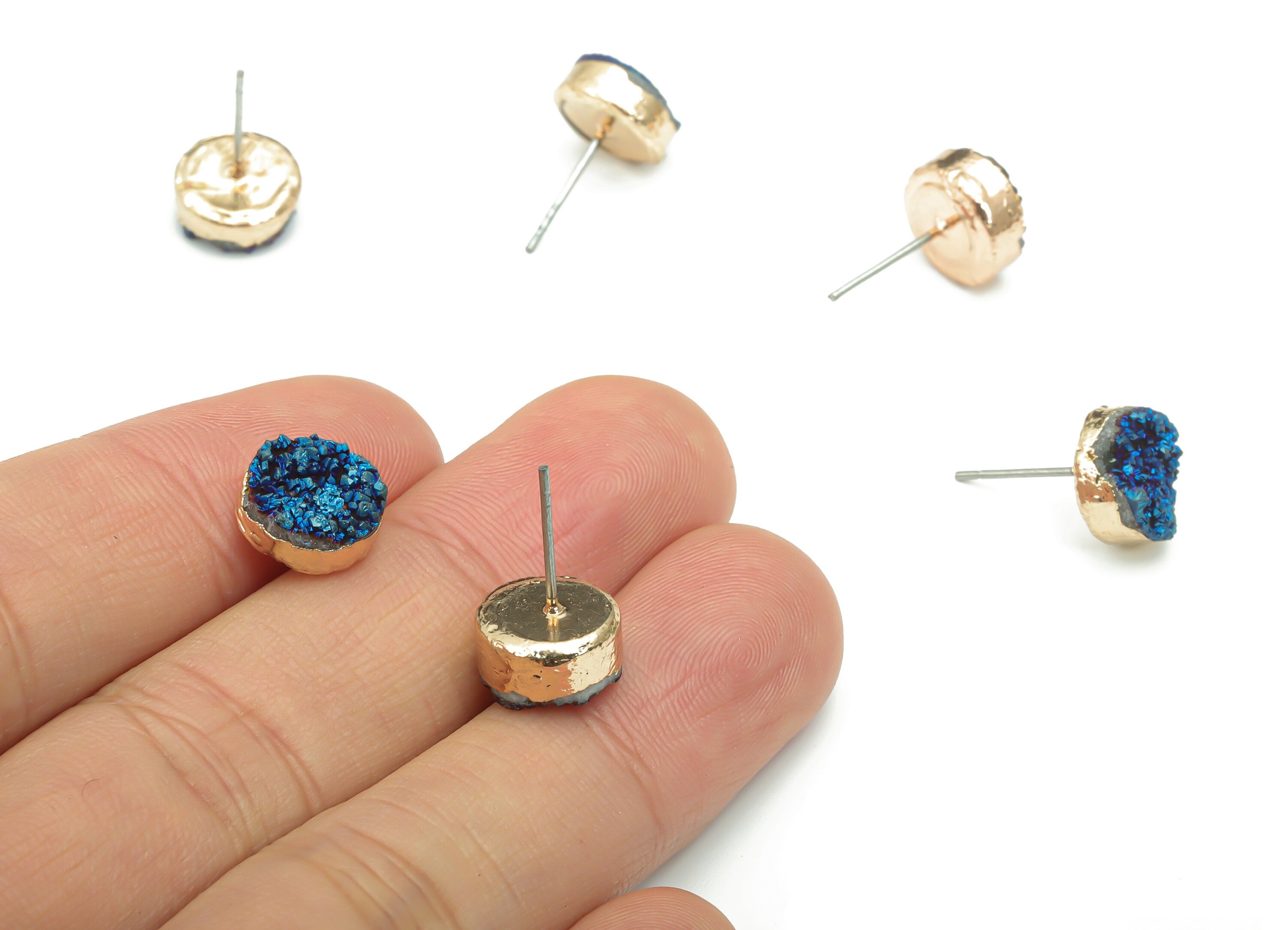 Blue Druzy Aura Quartz Natural Stone Stud - Brass Round Post - Gold Tone Plated Brass – Stainless Steel Stud - 10.14x10.14x5.89mm – NS1629A - DOMEDBAZAAR
