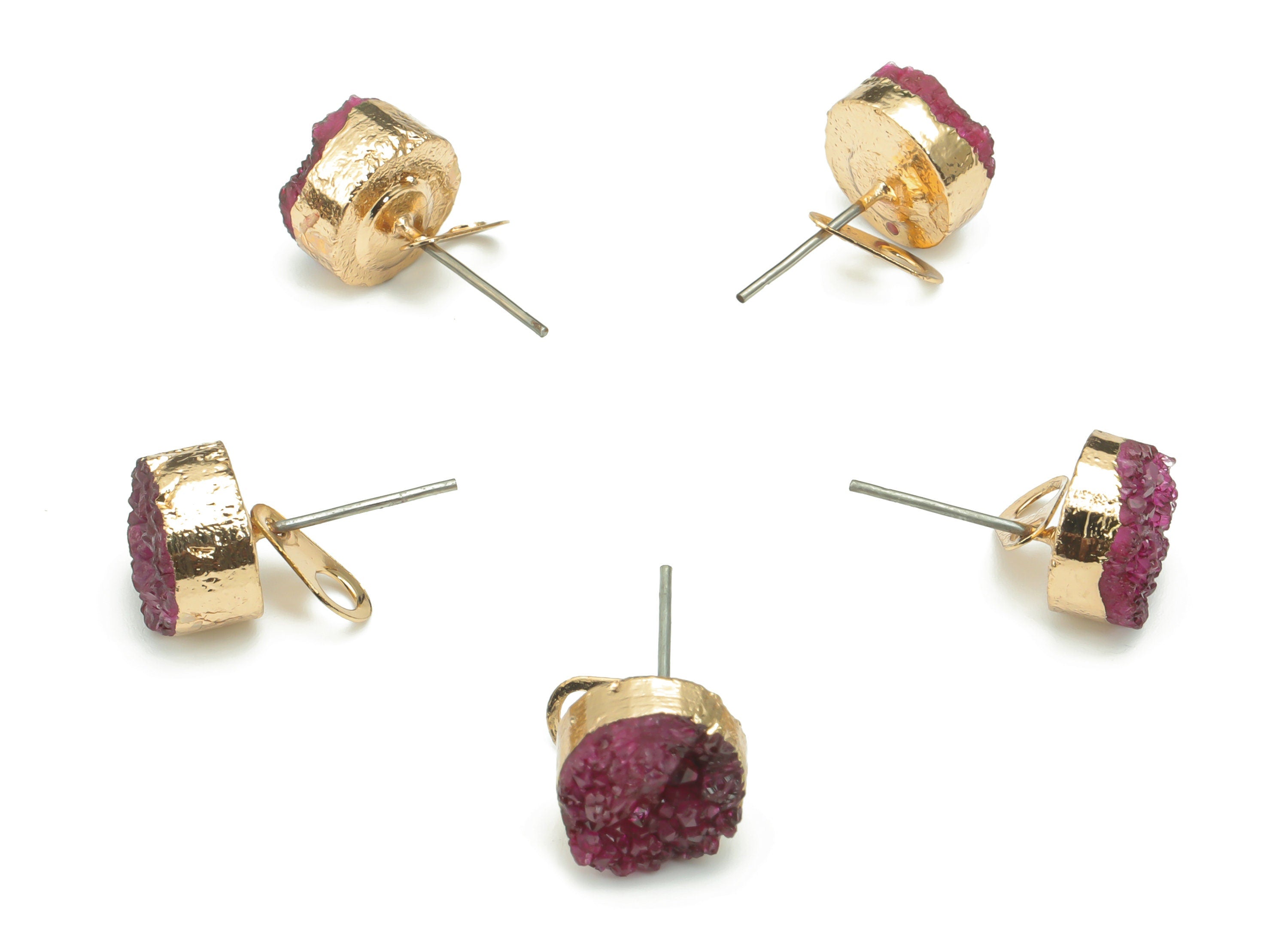 Purple Druzy Aura Quartz Natural Stone Stud - Brass Round Post - Gold Tone Plated Brass – Stainless Steel Stud - 10.14x10.14x5.89mm– NS1629B - DOMEDBAZAAR