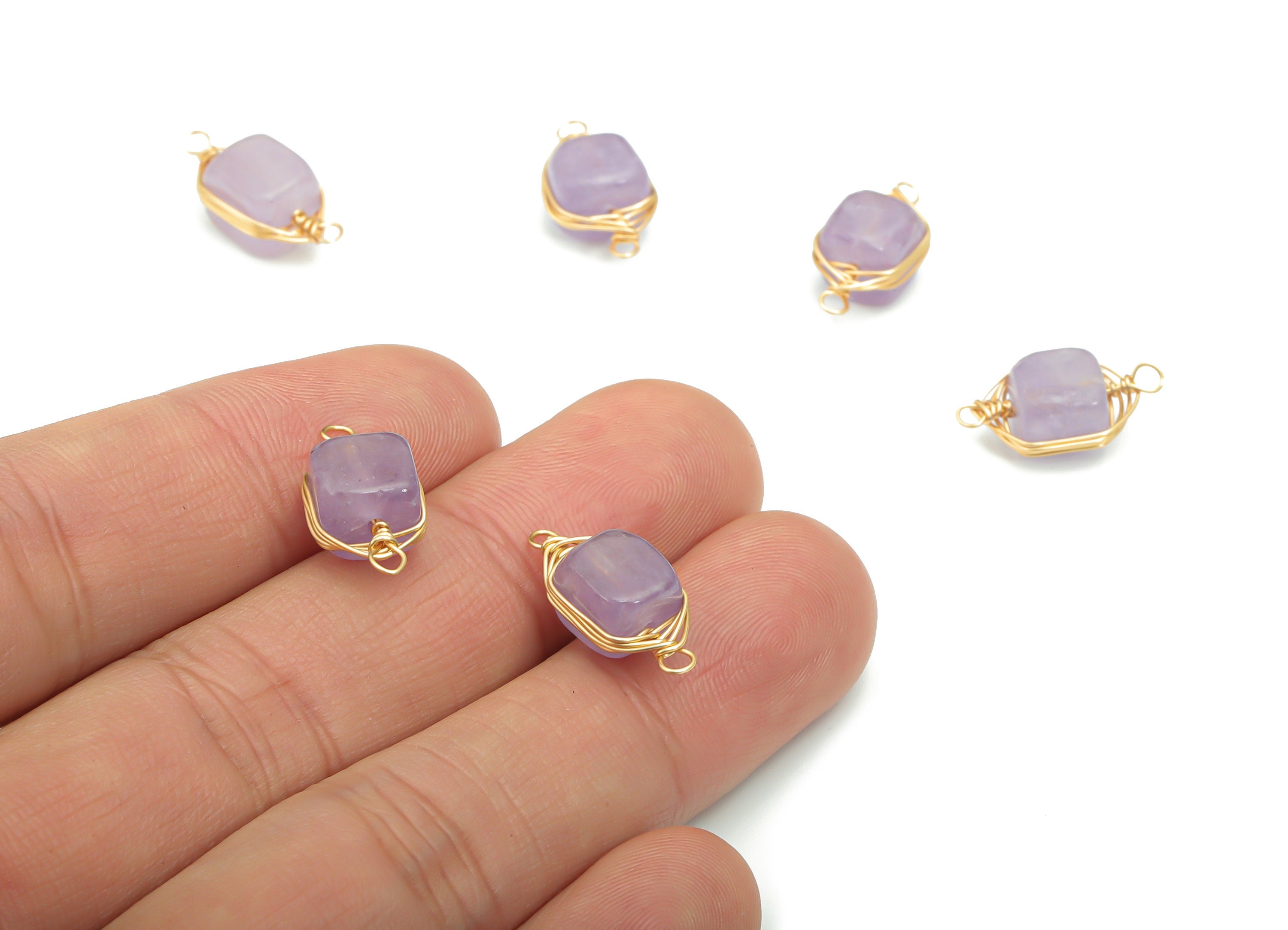 Amethyst Faceted Natural Stone Earring Connectors - Brass Wire Wrapped Stone Bracelet - Gold Tone Plated Brass – 17.97x8.15x7.02mm – NS1653D - DOMEDBAZAAR