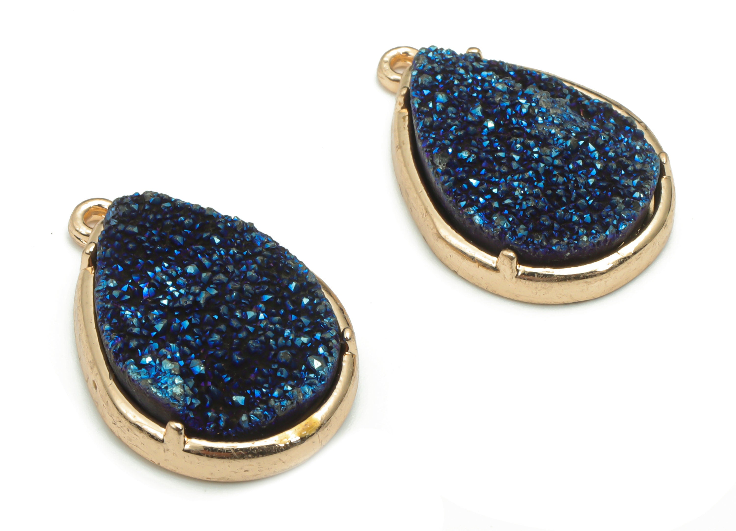 Blue Druzy Aura Quartz Natural Stone Charms - Brass Teardrop Pendant - Gold Tone Plated Brass – Jewelry Supplies - 25.85x17.4x6.6mm – NS1632 - DOMEDBAZAAR