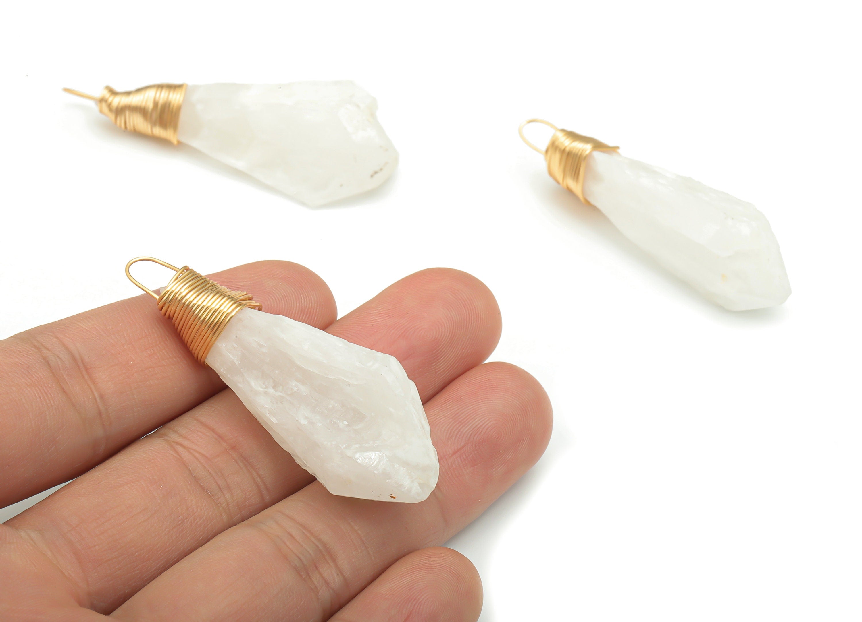 Snow Quartz Natural Stone Earring Charms - Brass Wire Wrapped Stone Pendant - Gold Tone Plated Brass – 52.73x19.19x14.77mm – NS1651 - DOMEDBAZAAR