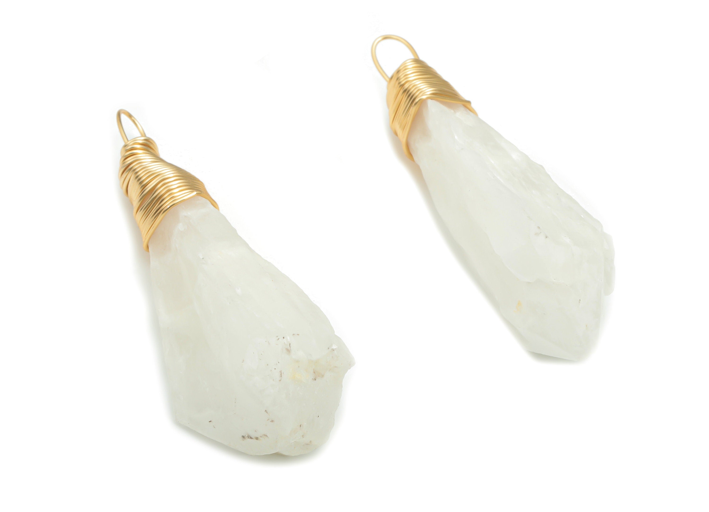 Snow Quartz Natural Stone Earring Charms - Brass Wire Wrapped Stone Pendant - Gold Tone Plated Brass – 52.73x19.19x14.77mm – NS1651 - DOMEDBAZAAR