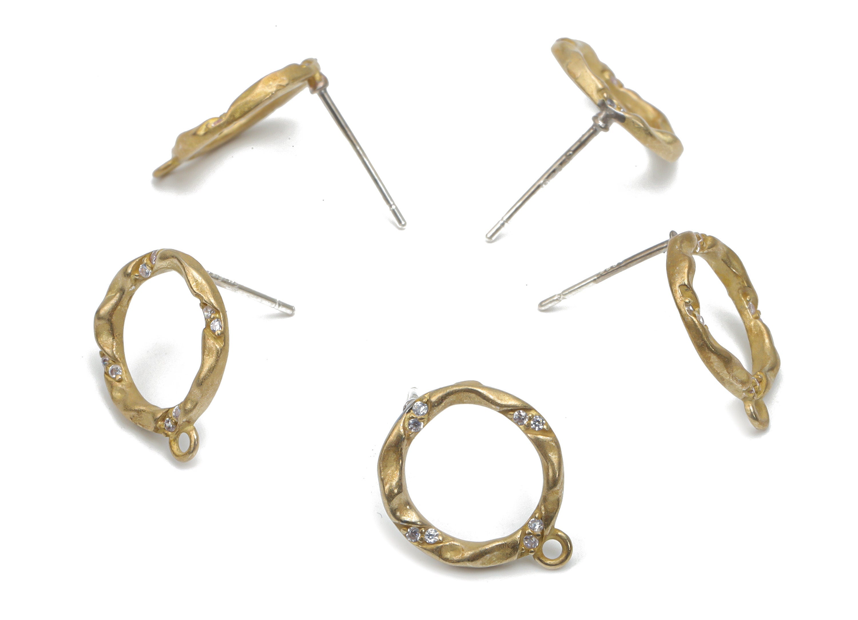 Brass Round Earring Stud With Zircons - Raw Brass Hoop Earring Post With Loop - Silver Plated Cupronickel Stud - 17.49x13.73x1.88mm - PP5126 - DOMEDBAZAAR