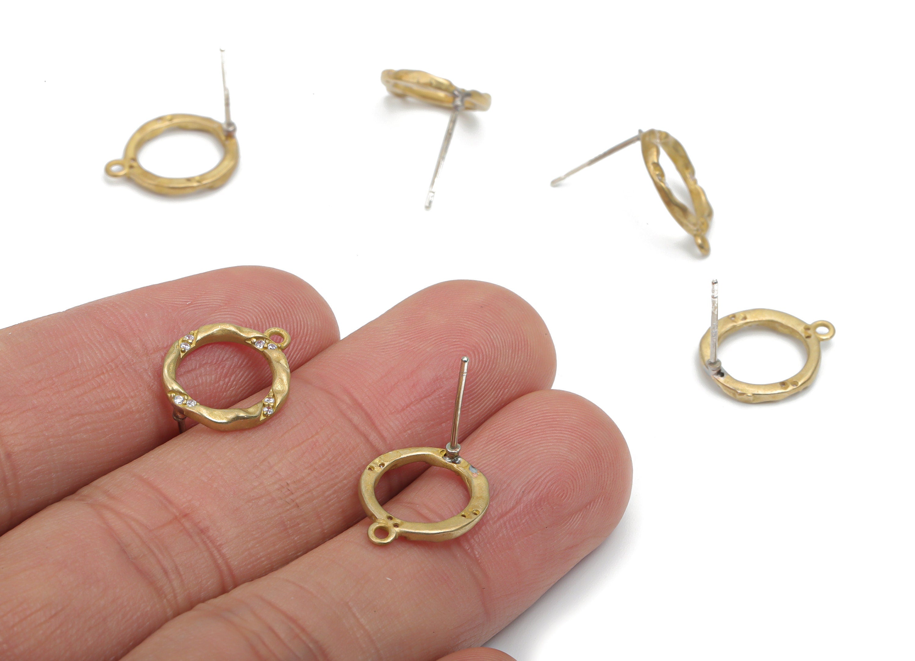 Brass Round Earring Stud With Zircons - Raw Brass Hoop Earring Post With Loop - Silver Plated Cupronickel Stud - 17.49x13.73x1.88mm - PP5126 - DOMEDBAZAAR