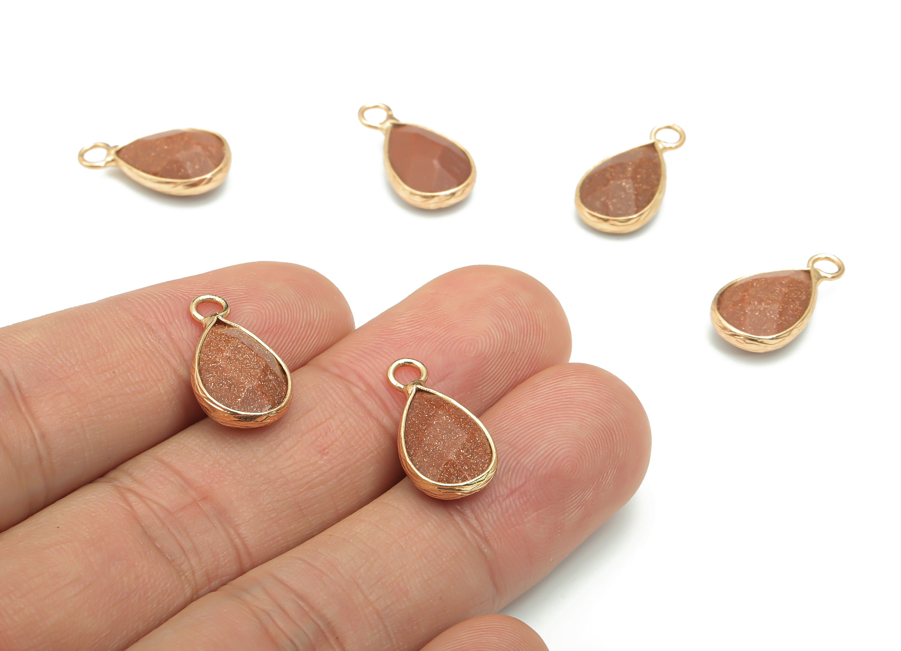 Goldstone Faceted Natural Stone Drop Charms - Brass Teardrop Pendant - Gold Tone Plated Brass – Jewelry Supplies - 17.8x9.5x5mm – NS1626A - DOMEDBAZAAR