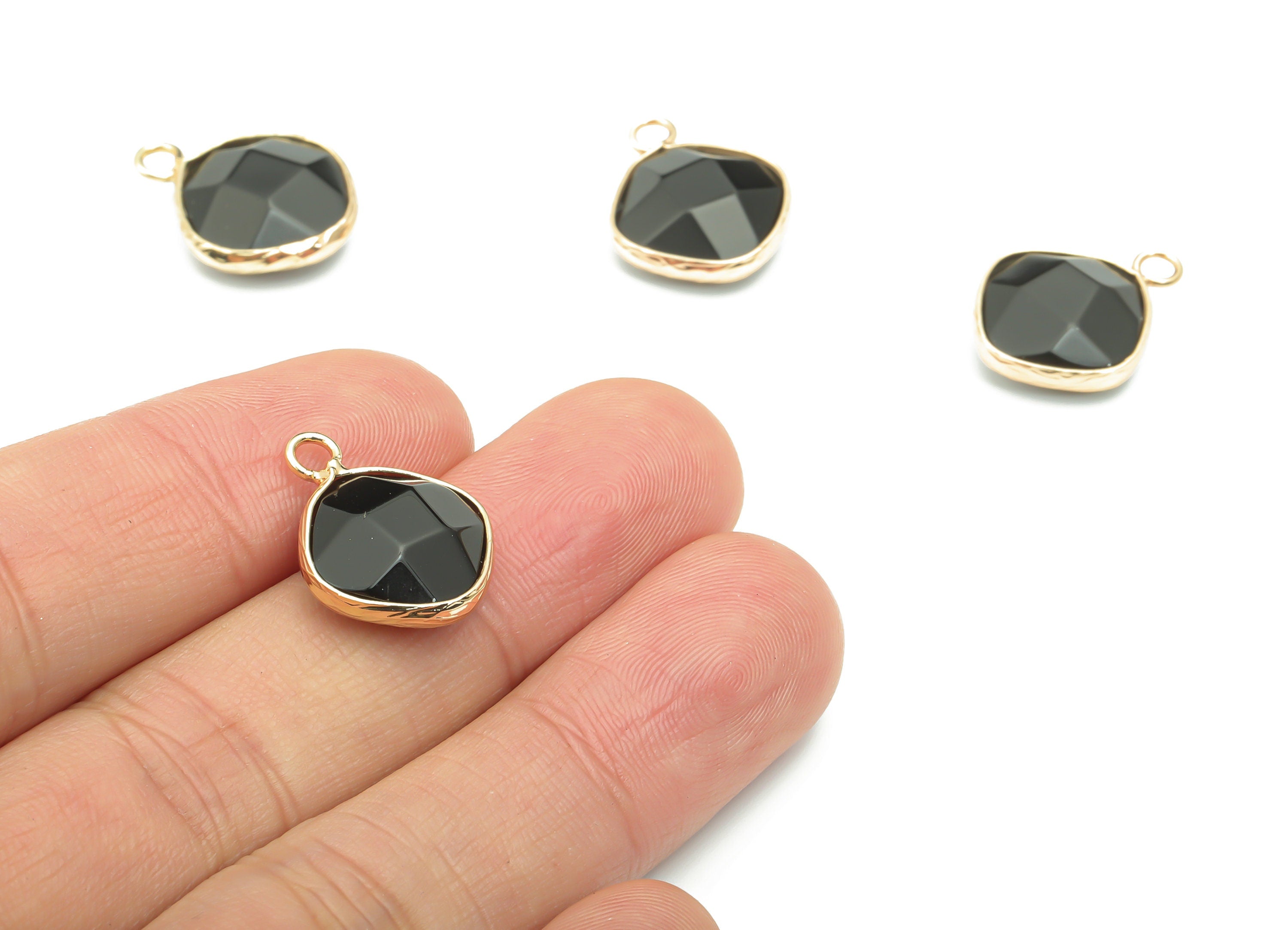 Obsidian Faceted Natural Stone Earring Charms - Brass Diamond Pendant - Gold Tone Plated Brass – Jewelry Supplies - 19.3x15.3x6.3mm– NS1637D - DOMEDBAZAAR