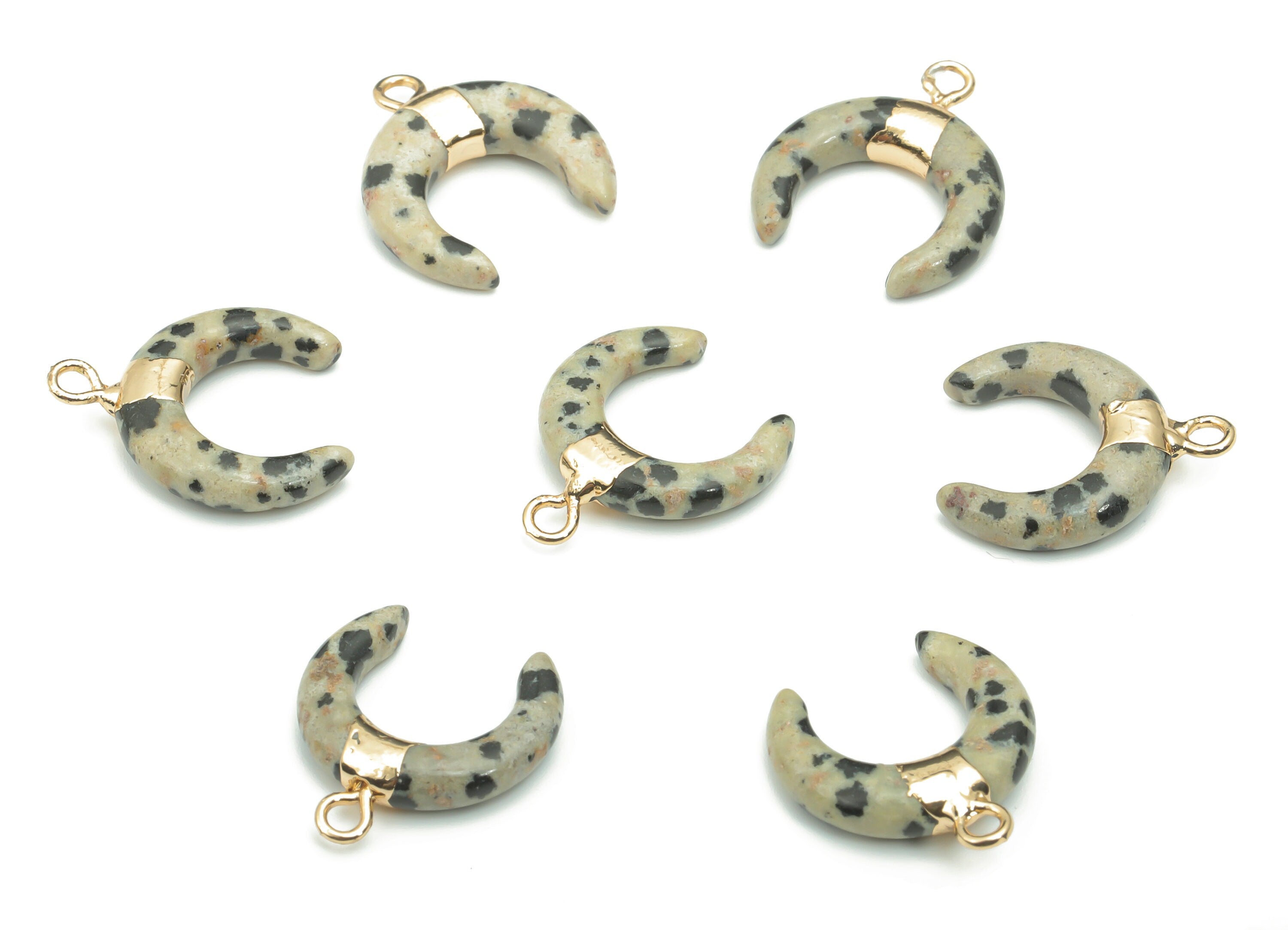 Dalmatian Jasper Natural Stone Ox Horn Charms - Brass Crescent Pendant - Gold Tone Plated Brass – Jewelry Supplies - 16.9x14.8x3.8mm–NS1628D - DOMEDBAZAAR
