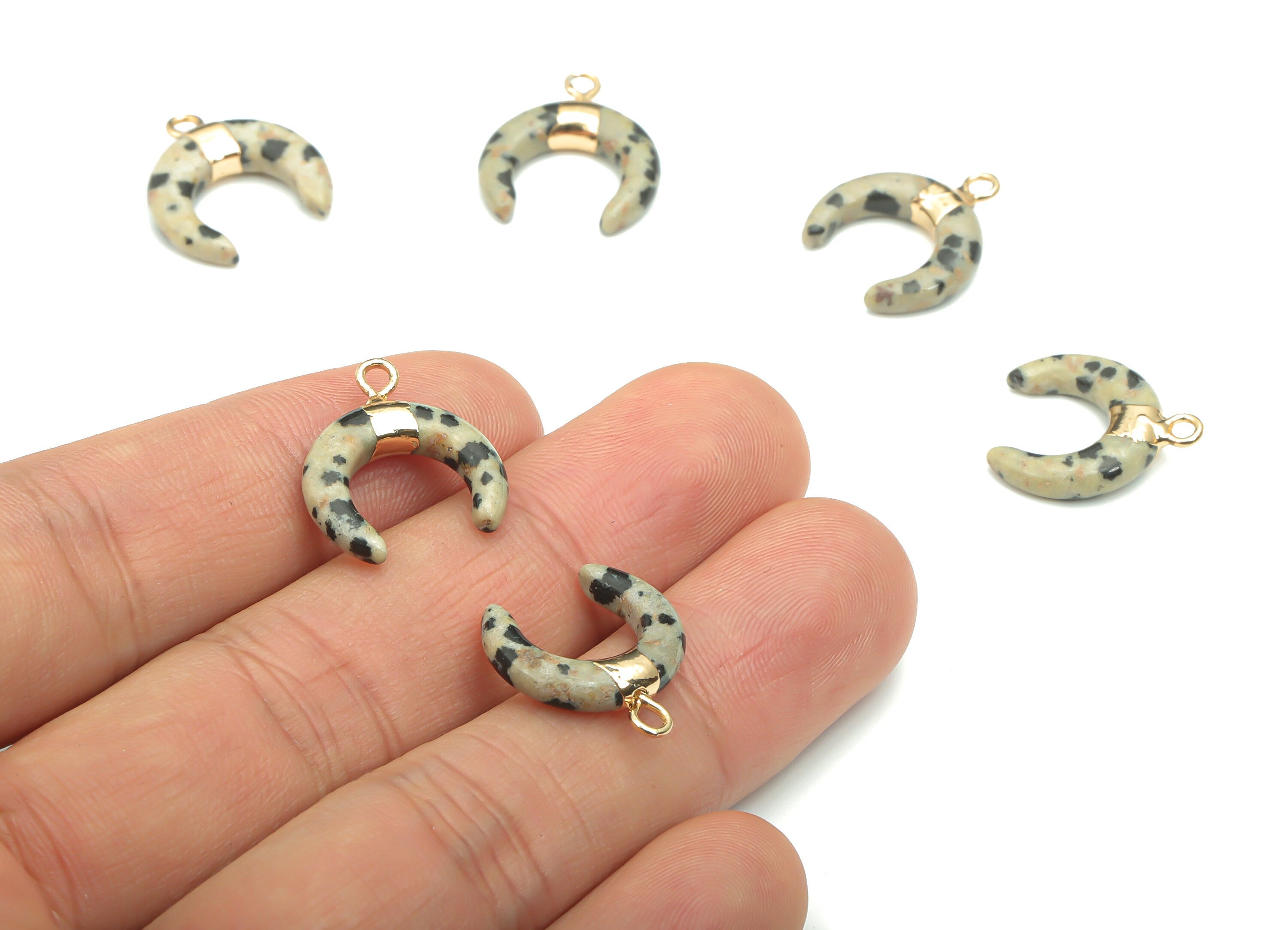 Dalmatian Jasper Natural Stone Ox Horn Charms - Brass Crescent Pendant - Gold Tone Plated Brass – Jewelry Supplies - 16.9x14.8x3.8mm–NS1628D - DOMEDBAZAAR