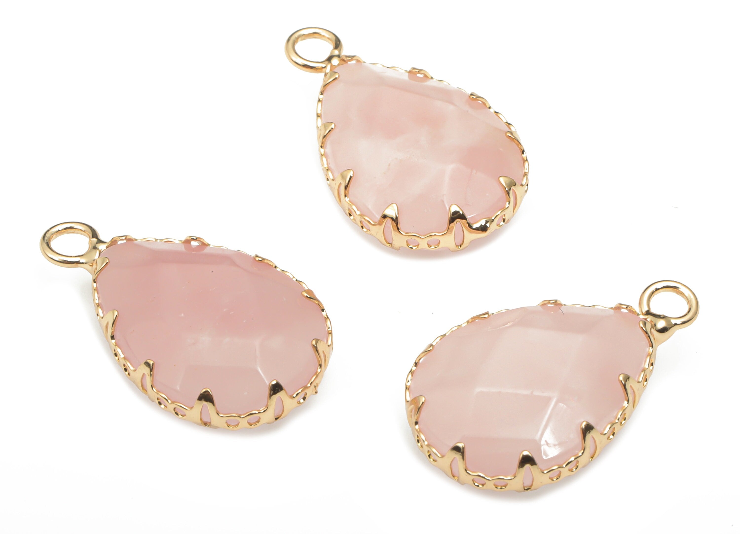 Rose Quartz Faceted Natural Stone Teardrop Charms - Brass Drop Pendant - Gold Tone Plated Brass – Jewelry Supplies - 23.1x13.9x5.6mm–NS1636B - DOMEDBAZAAR