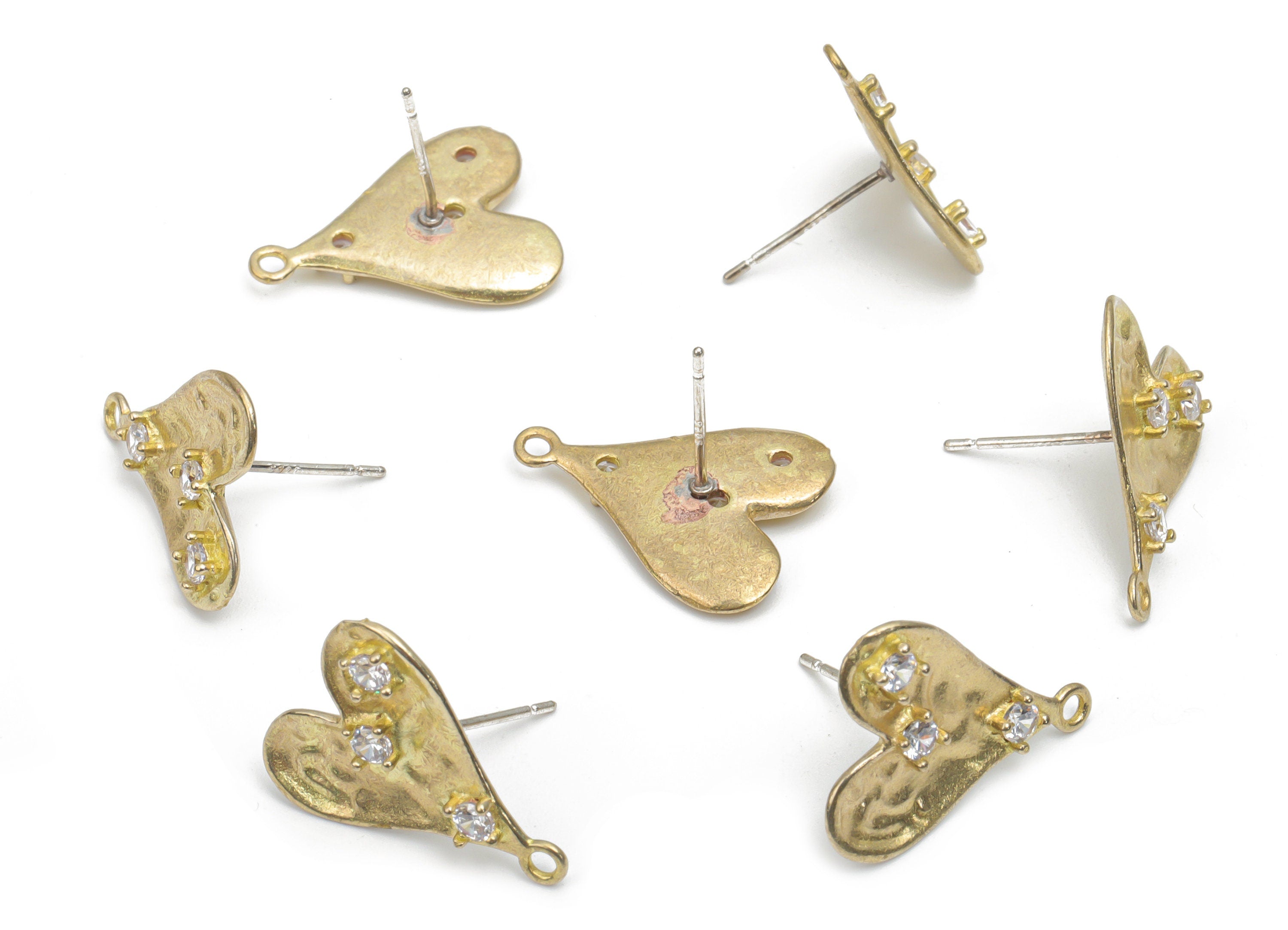 Brass Heart Earring Stud With Zircons - Raw Brass Heart Earring Post - Silver Plated Cupronickel Stud - 18.58x14.34x2.68mm - PP5125 - DOMEDBAZAAR