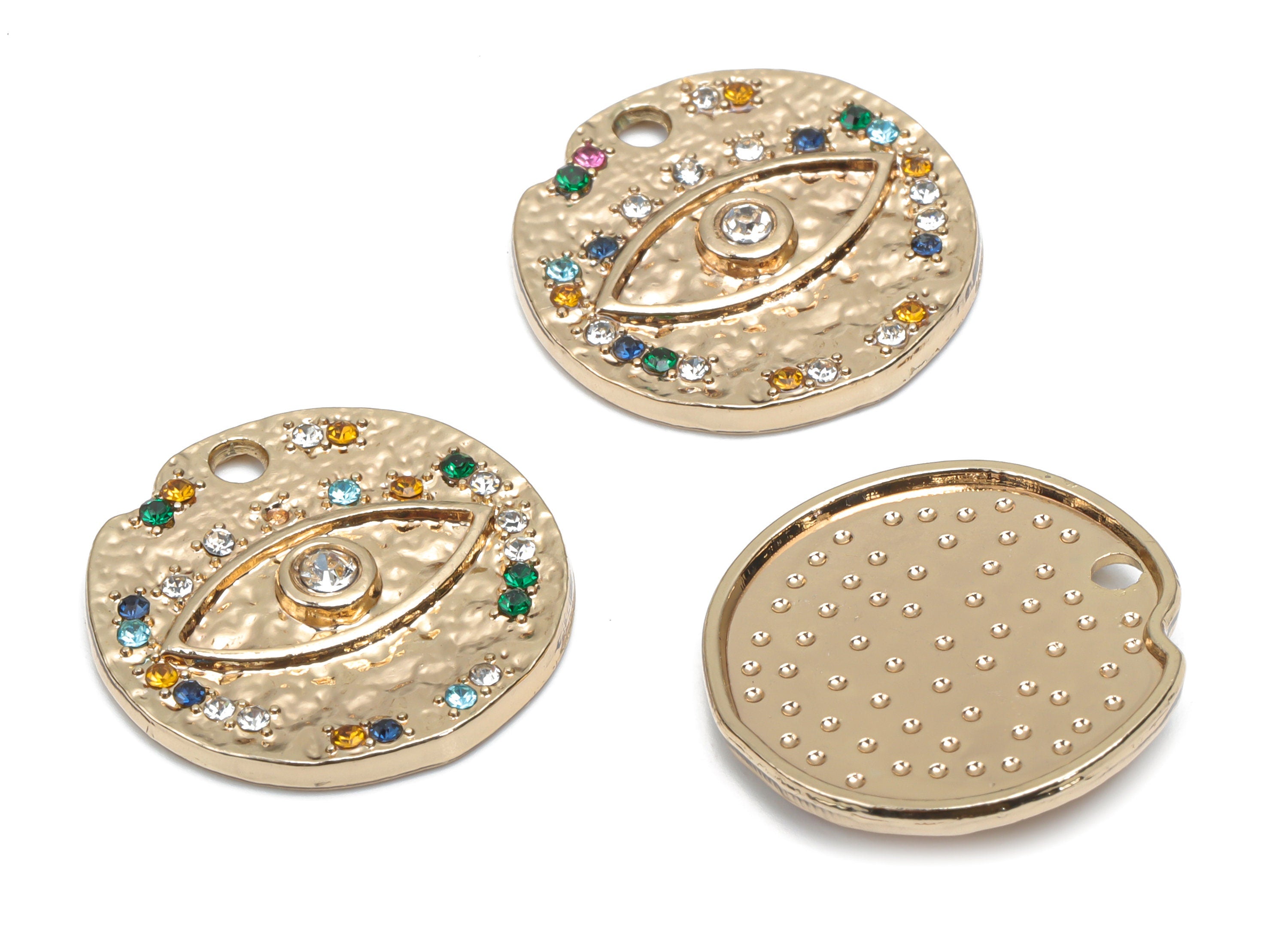 Zinc Alloy Hammered Round Eye Charms - Glass Circle Eye Pendant - Gold Tone Plated Alloy - Jewelry Supplies - 18.82x18.82x2.32mm - ZZ2017 - DOMEDBAZAAR