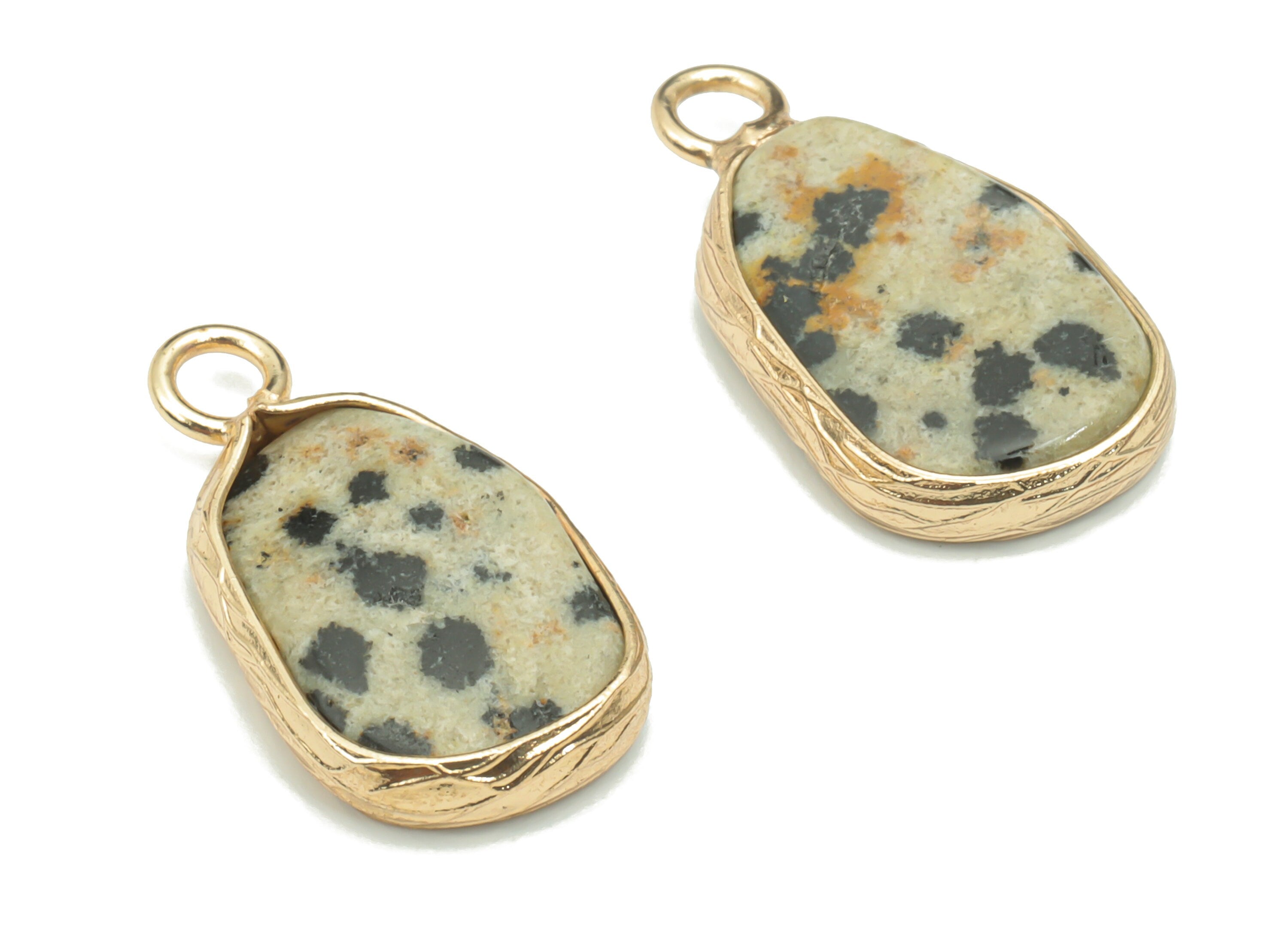 Dalmatian Jasper Natural Stone Irregular Earring Charms - Brass Irregular Pendant - Gold Tone Plated Brass – 19.92x10.94x3.81mm – NS1640B - DOMEDBAZAAR