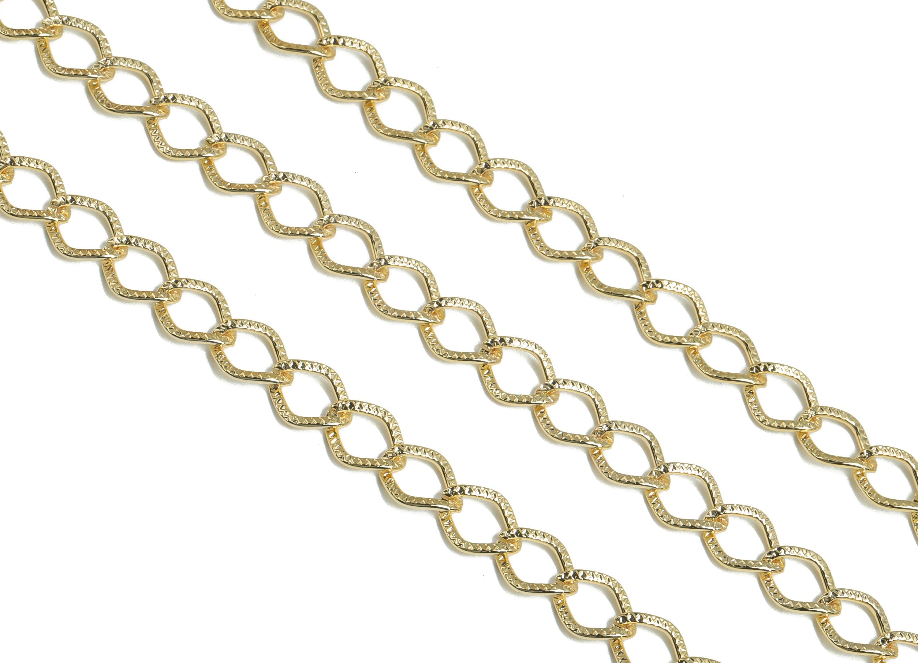 Gold Textured Diamond Cable Chain - 18K Real Gold Plated Iron Chain - Hammered Unsoldered Curb Chain- 0.35&quot; x 0.42&quot; x 0.03&quot; - RGP4294 - DOMEDBAZAAR