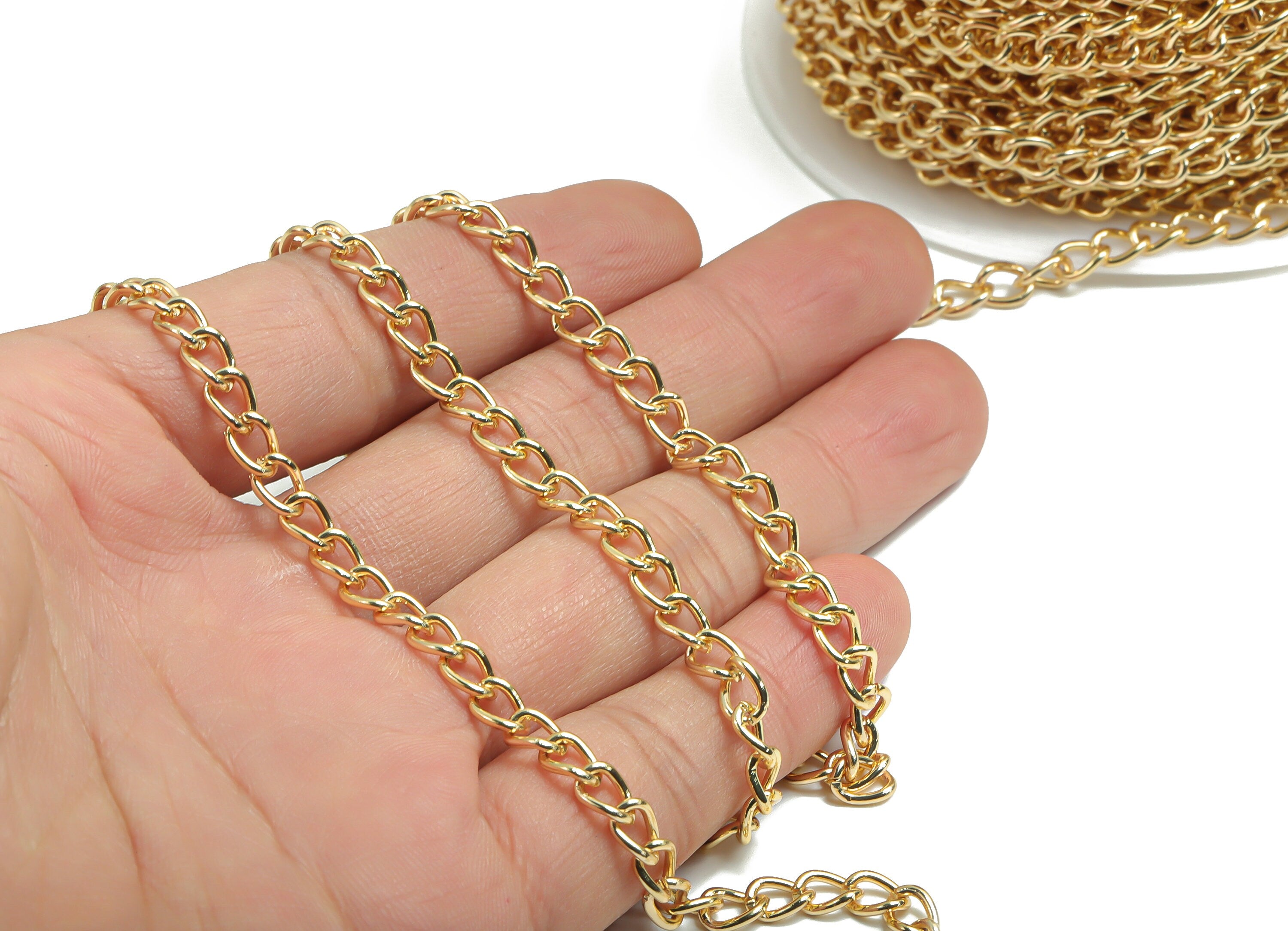 18K Gold Curb Chain - 18K Real Gold Plated Iron Military Chain - Keychain - Open Link Chain for Necklace - 0.26&quot; x 0.19&quot; x 0.04&quot; - RGP4302 - DOMEDBAZAAR