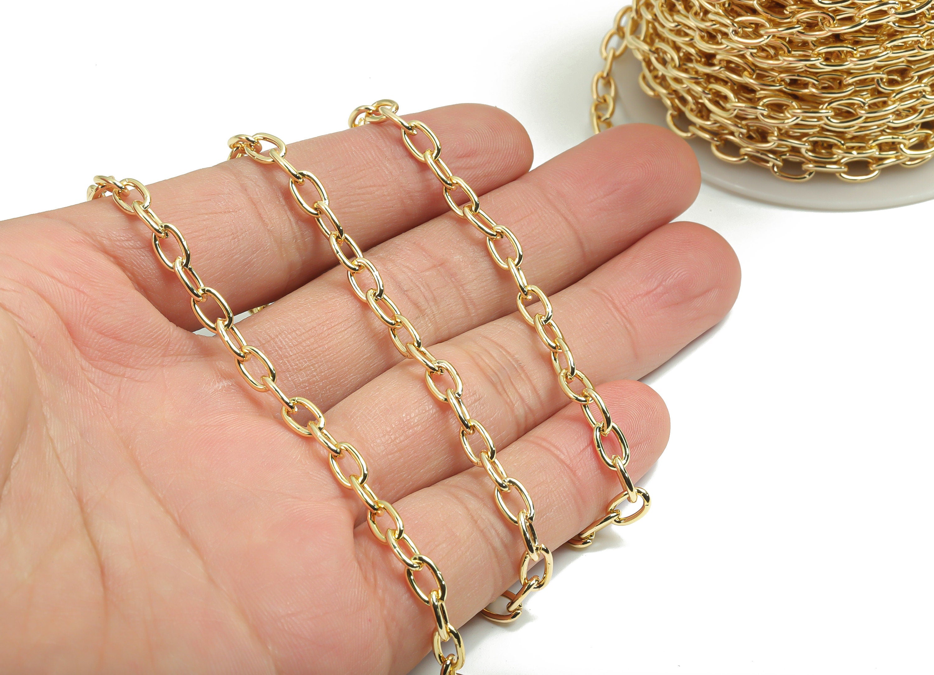 Gold Cable Chain -18K Real Gold Plated Iron Chain -Open Link Chain - Cable Chain 0.28&quot; x 0.16&quot; x 0.04&quot; - Bracelet Jewelry Making RGP4300 - DOMEDBAZAAR