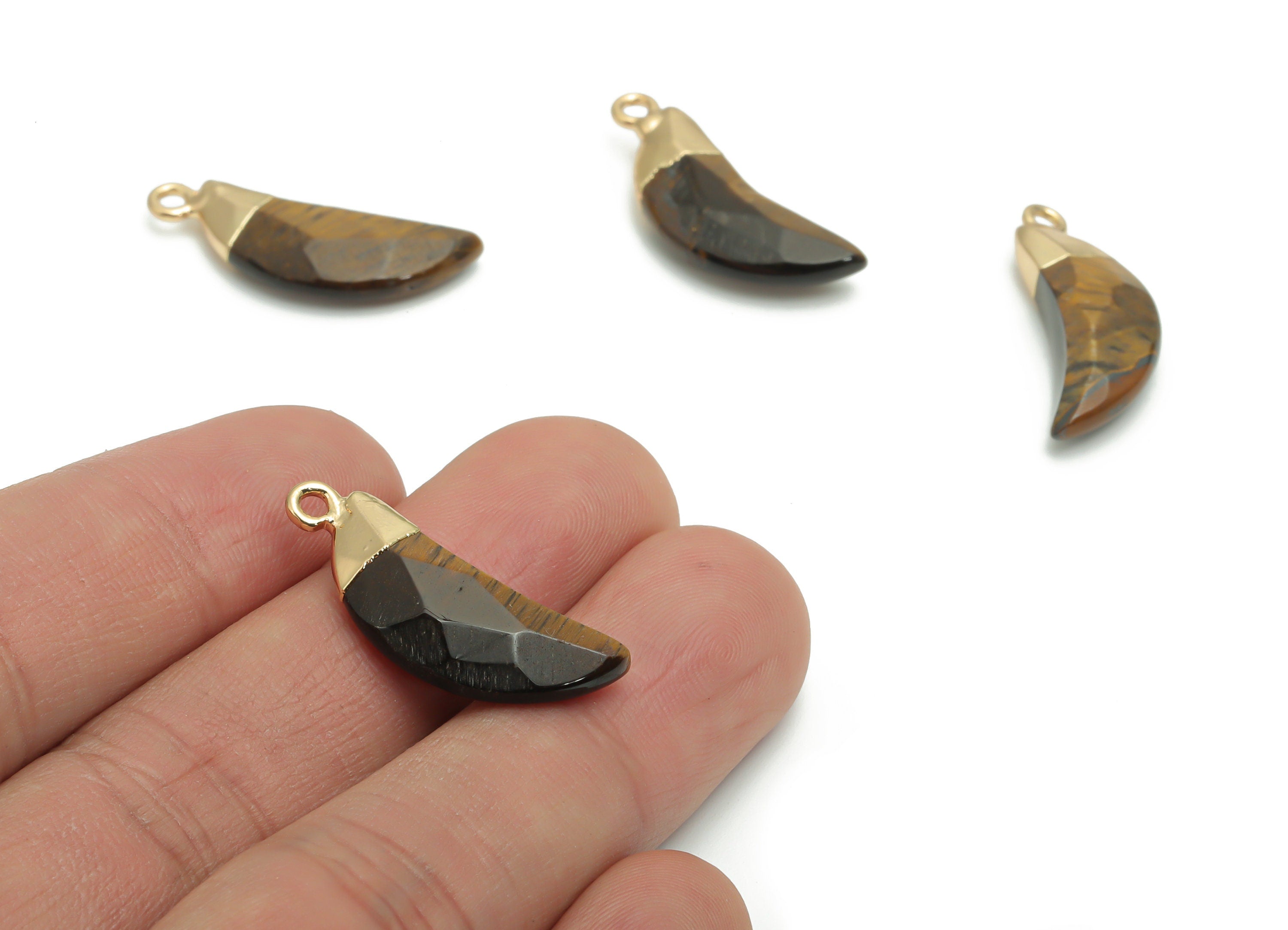 Tiger Stone Crescent Charms - Brass Moon Pendant - Natural Stone - Gold Tone Plated Brass – Jewelry Supplies - 26.71x9.58x4.71mm – NS1598B - DOMEDBAZAAR