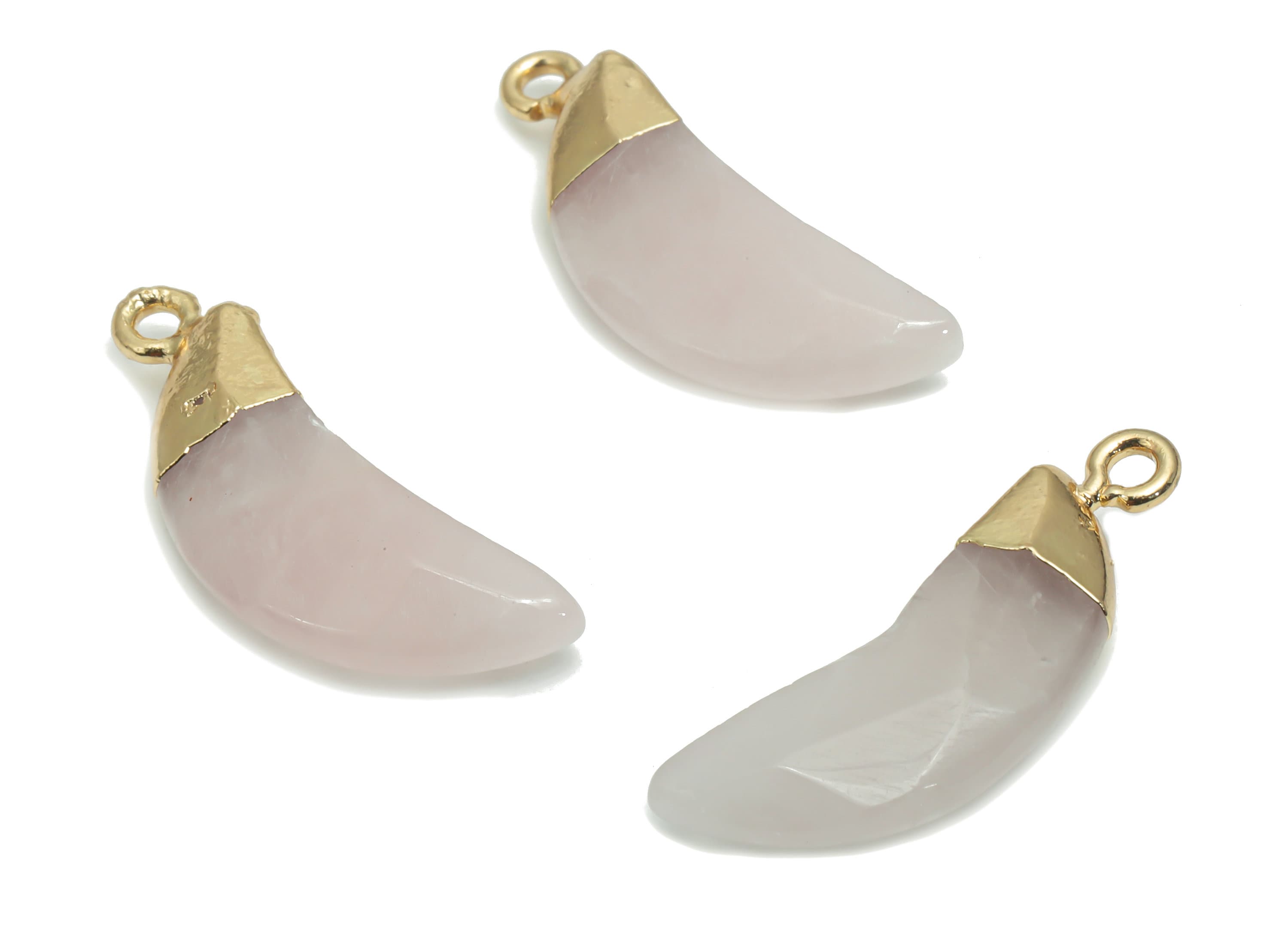 Rose Crystal Quartz Crescent Earring Charms - Brass Moon Pendant - Natural Stone - Gold Tone Plated Brass – 26.71x9.58x4.71mm – NS1598C - DOMEDBAZAAR