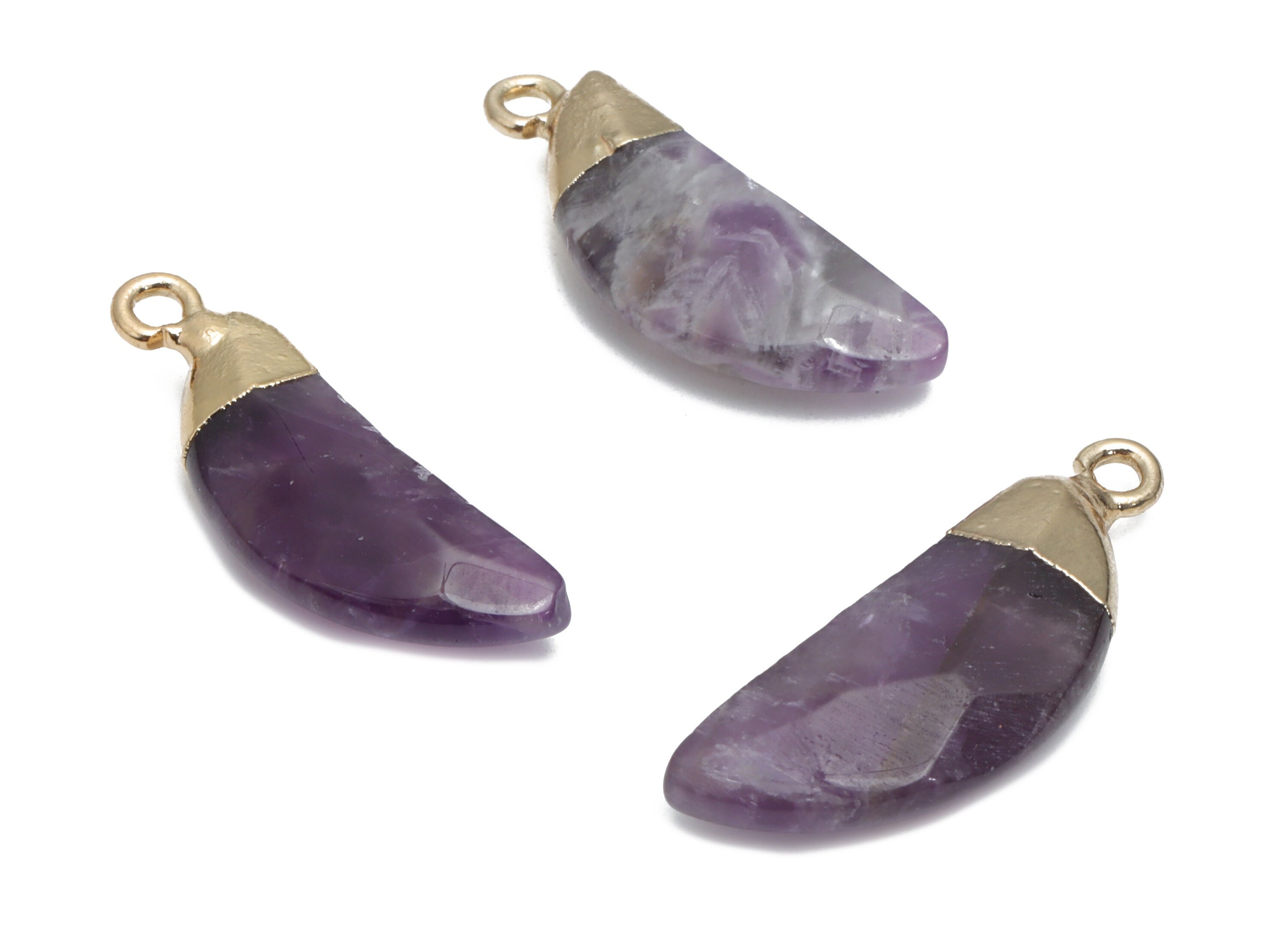 Amethyst Crescent Earring Charms - Brass Moon Pendant - Natural Stone - Gold Tone Plated Brass – Jewelry Supplies - 26.7x9.6x4.7mm – NS1598E - DOMEDBAZAAR