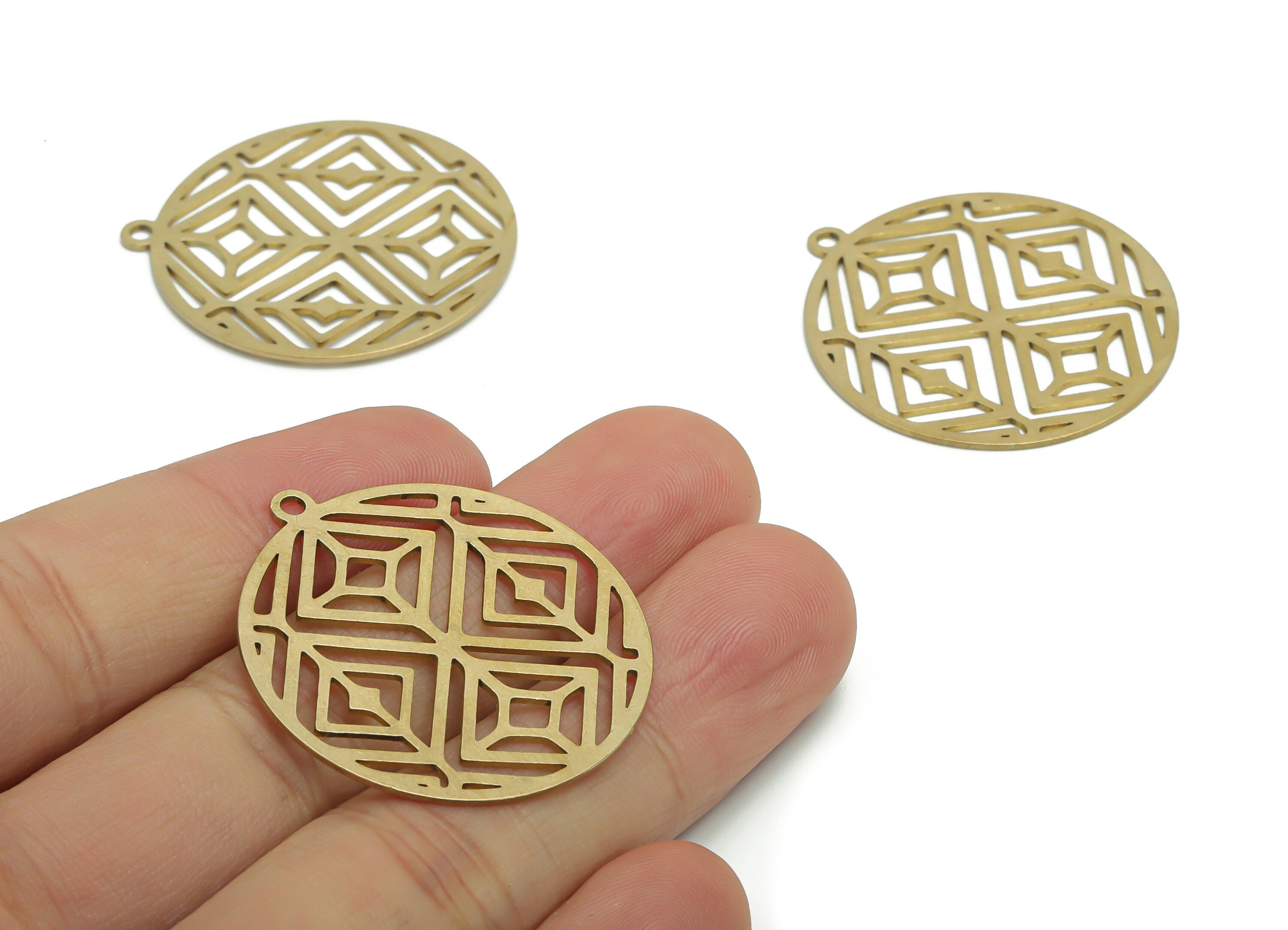 Brass Round Rhombic Earring Charms - Raw Brass Diamond Circle Pendant - Jewelry Making Supplies - 35.76x32.89x0.66mm - PPA2245 - DOMEDBAZAAR
