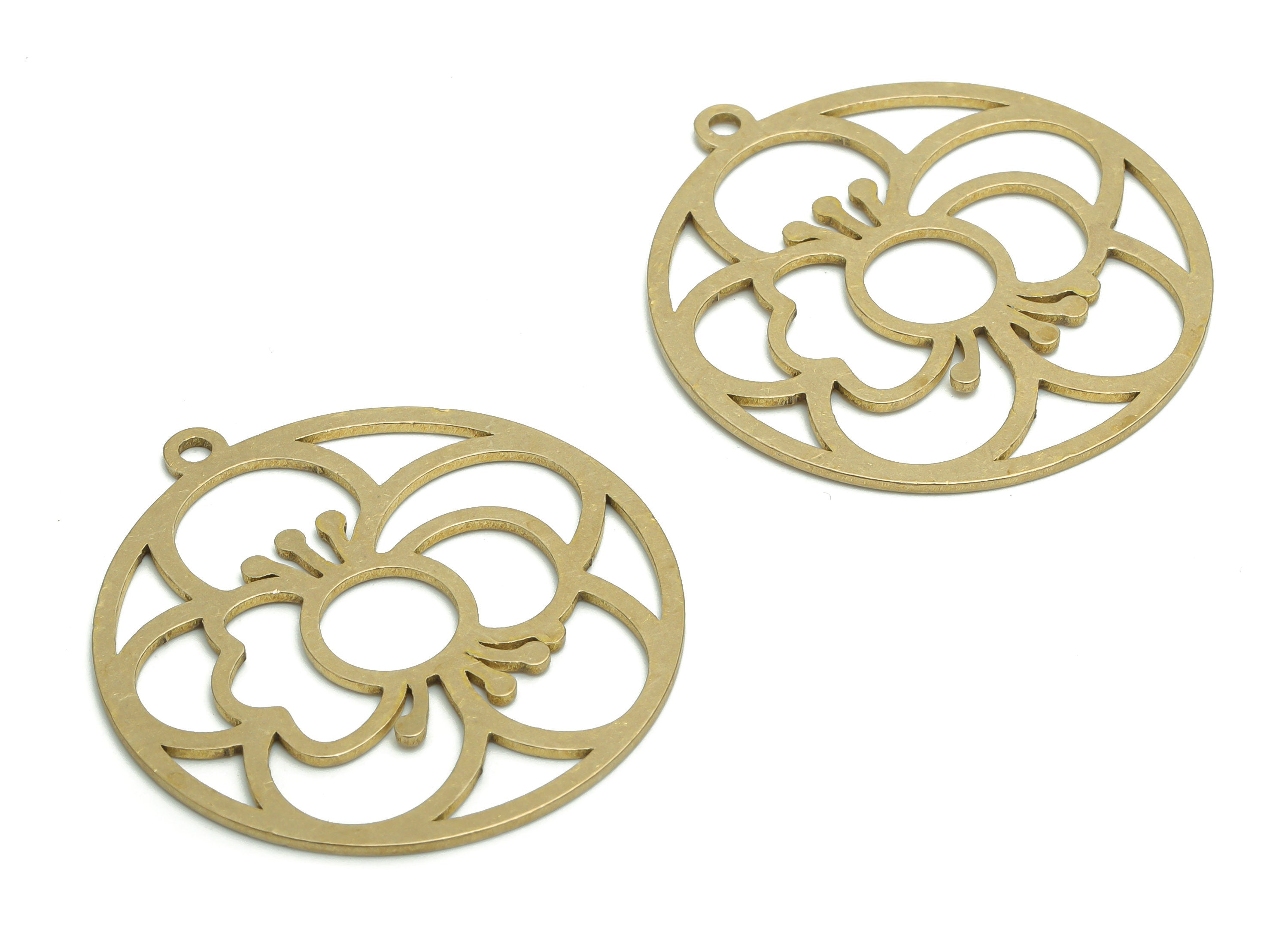 Brass Round Flower Earring Charms - Raw Brass Sun Circle Pendant - Jewelry Making Supplies - 37.87x34.81x0.94mm - PPA1938 - DOMEDBAZAAR