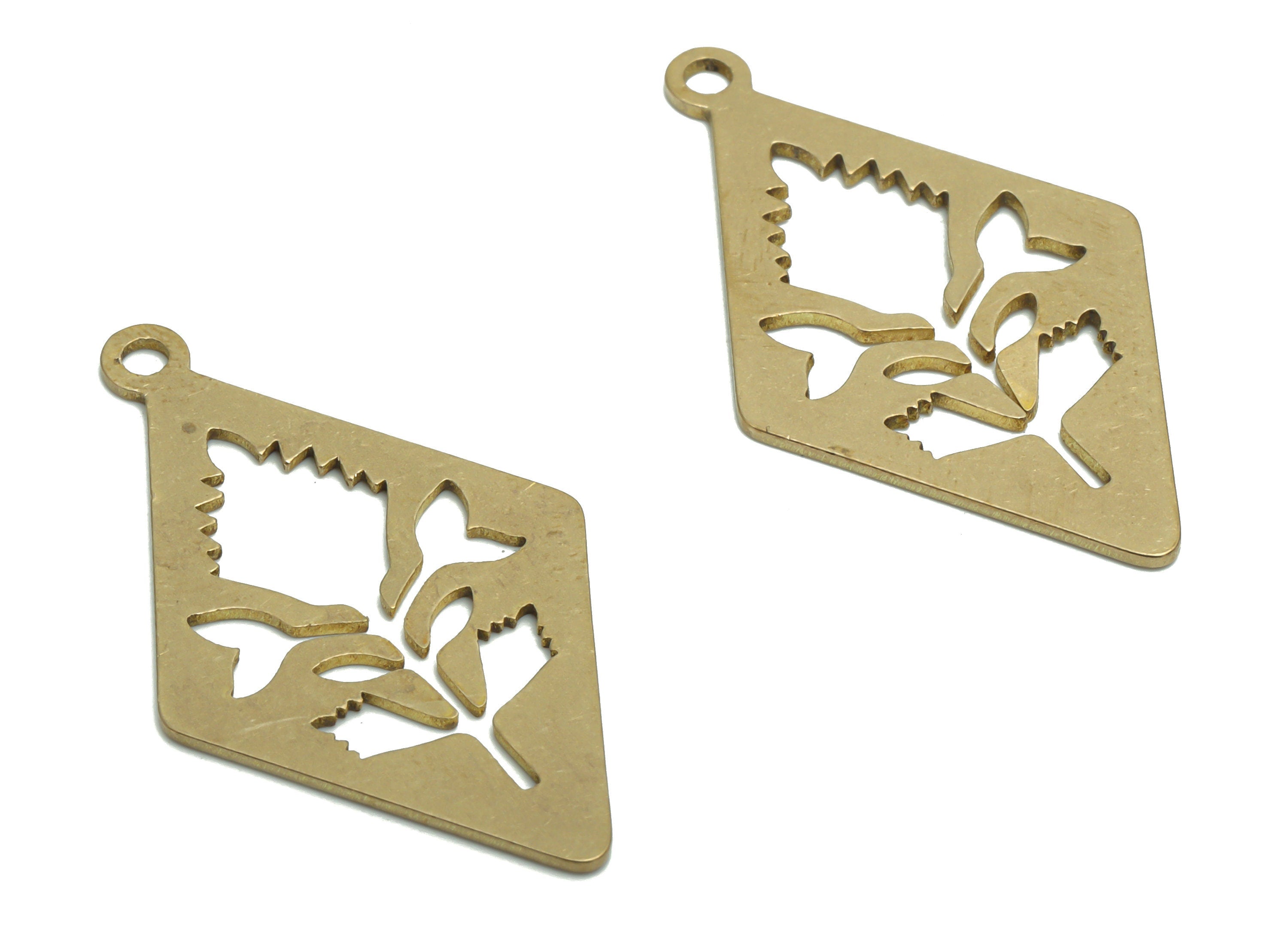 Brass Diamond Flower Earring Charms - Raw Brass Rhombus Flower Pendant - Jewelry Making Supplies - 35.88x20.76x0.74mm - PPA1483 - DOMEDBAZAAR