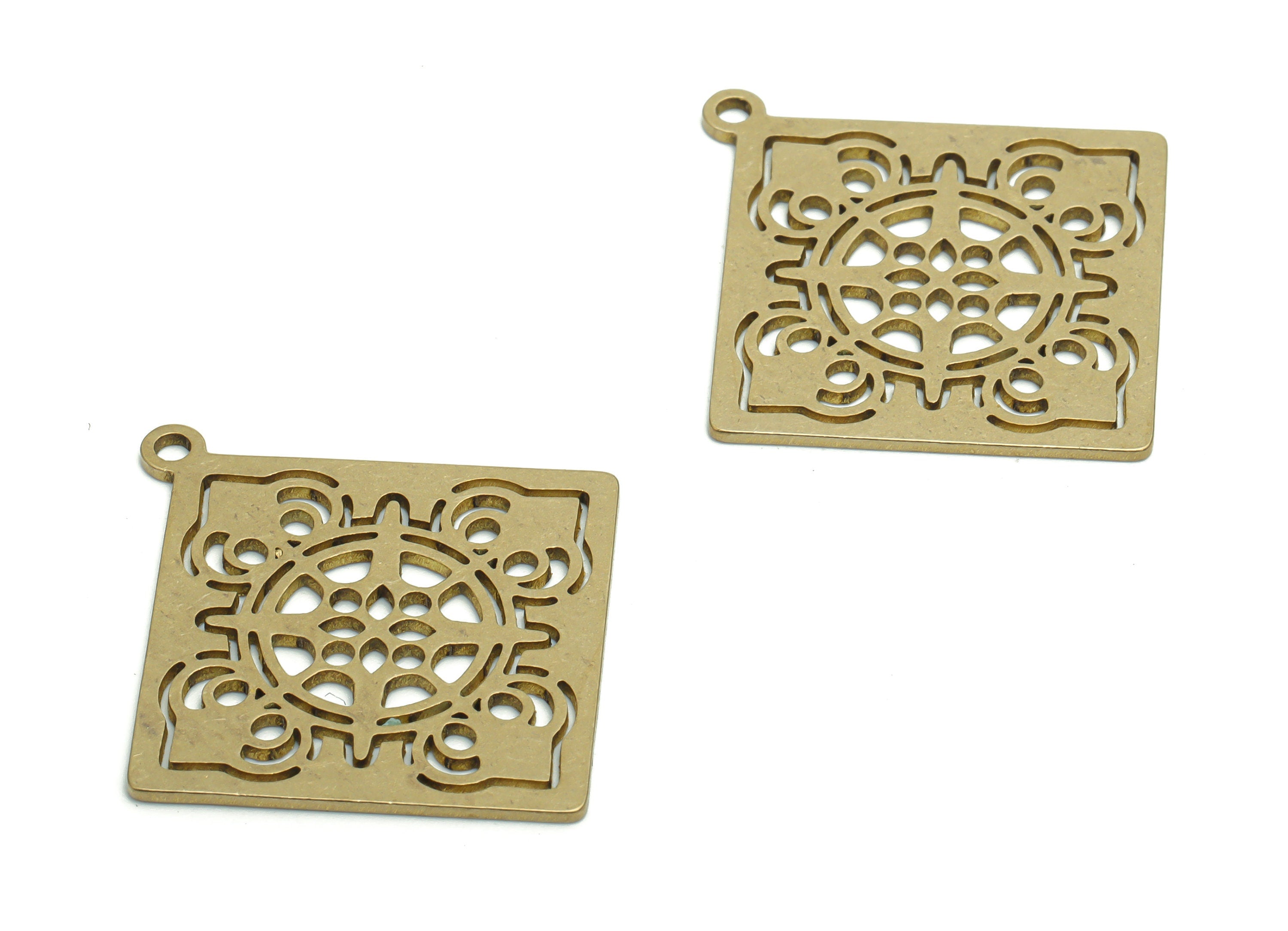 Brass Square Pattern Earring Charms - Raw Brass Pattern Square Pendant - DIY Jewelry Making Supplies - 35.86x32.59x0.87mm - PPA2232 - DOMEDBAZAAR