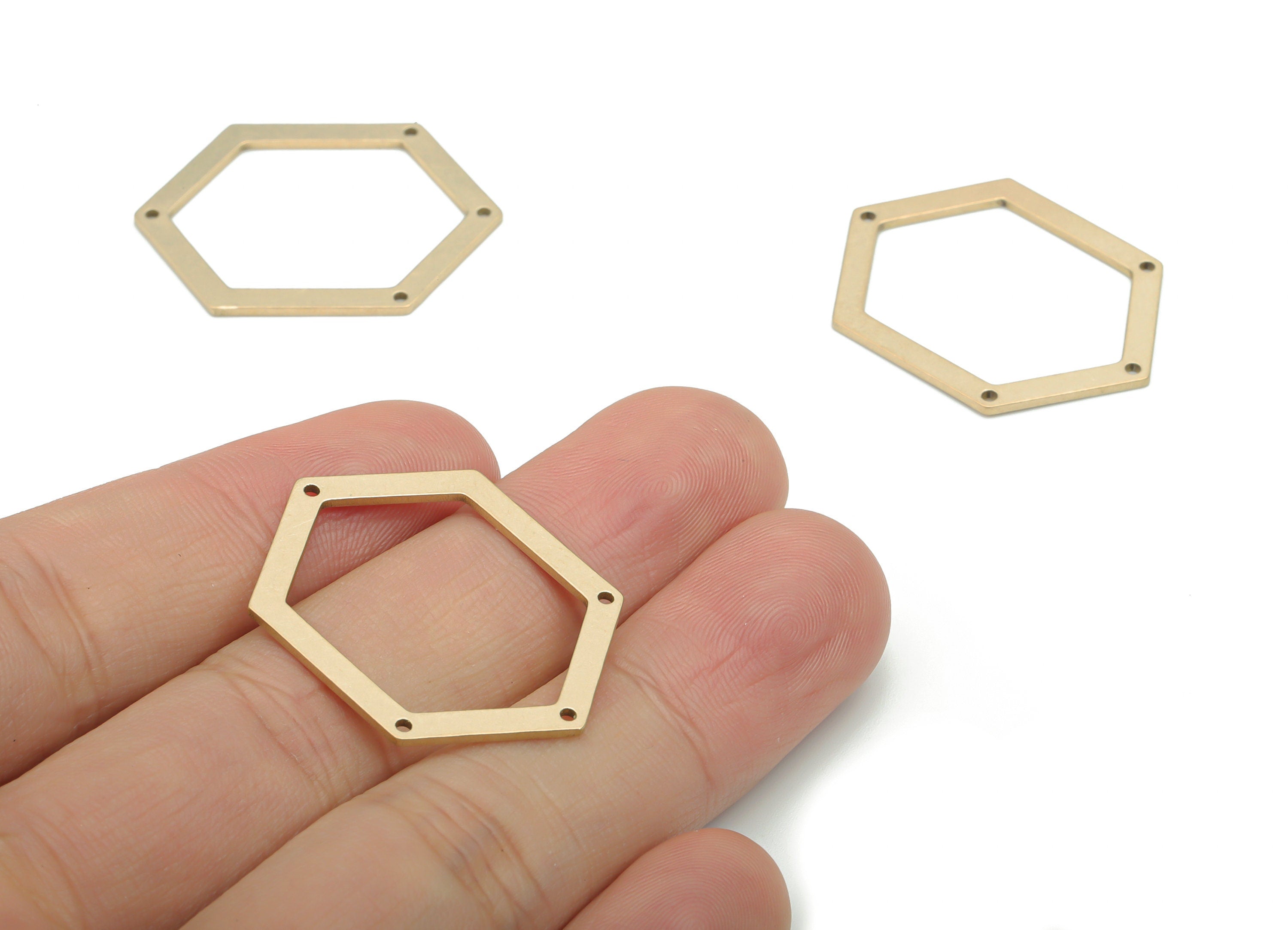 Brass Hexagon Earring Connectors - Raw Brass Hexagon Charms and Pendant - 4 Holes - Jewelry Making Supplies - 32.54x24.3x0.96mm - PP5178 - DOMEDBAZAAR
