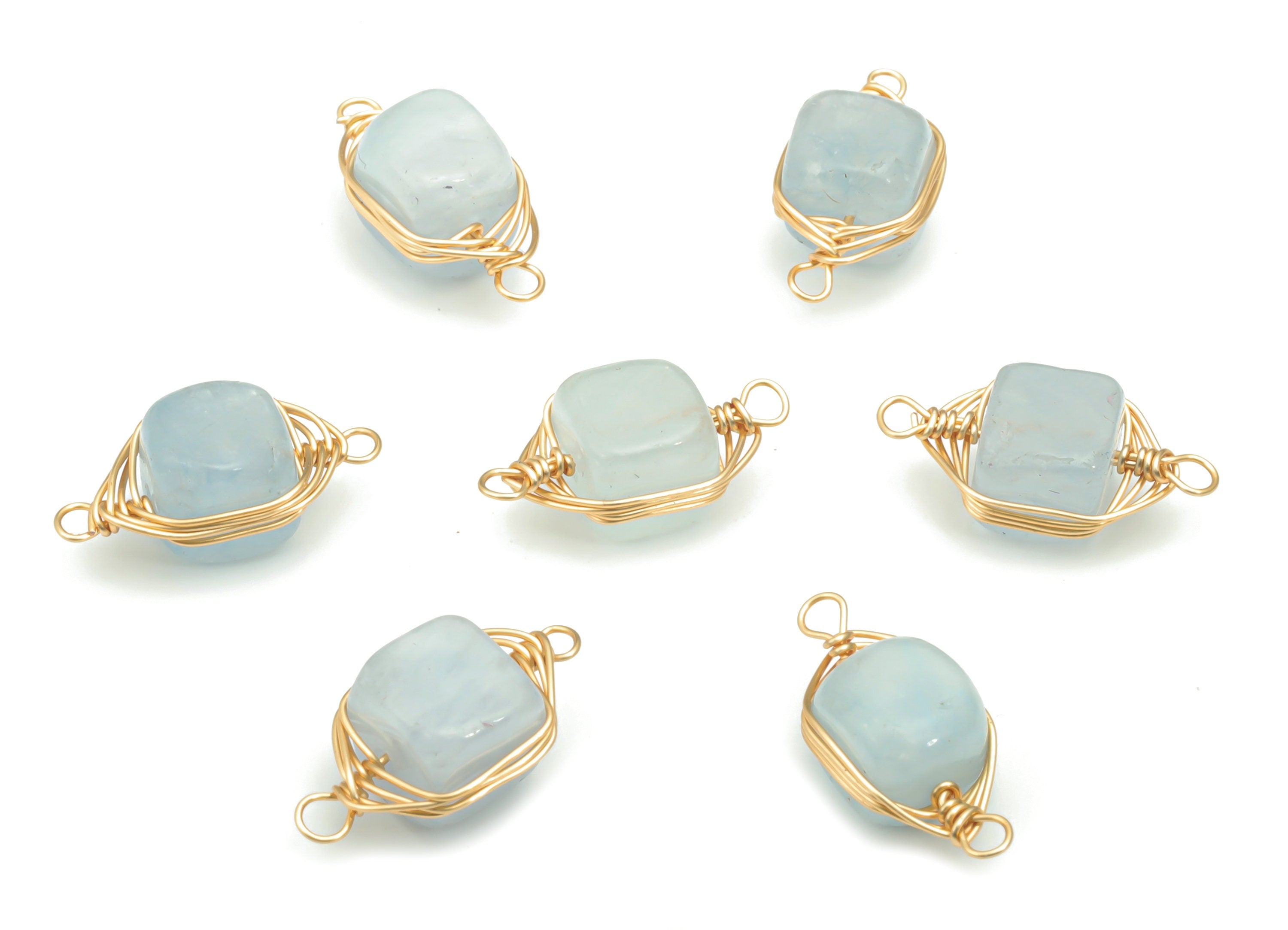 Blue Lace Agate Faceted Natural Stone Connectors - Brass Wire Wrapped Stone Bracelet - Gold Tone Plated Brass – 16.51x8.24x7.13mm – NS1653C - DOMEDBAZAAR