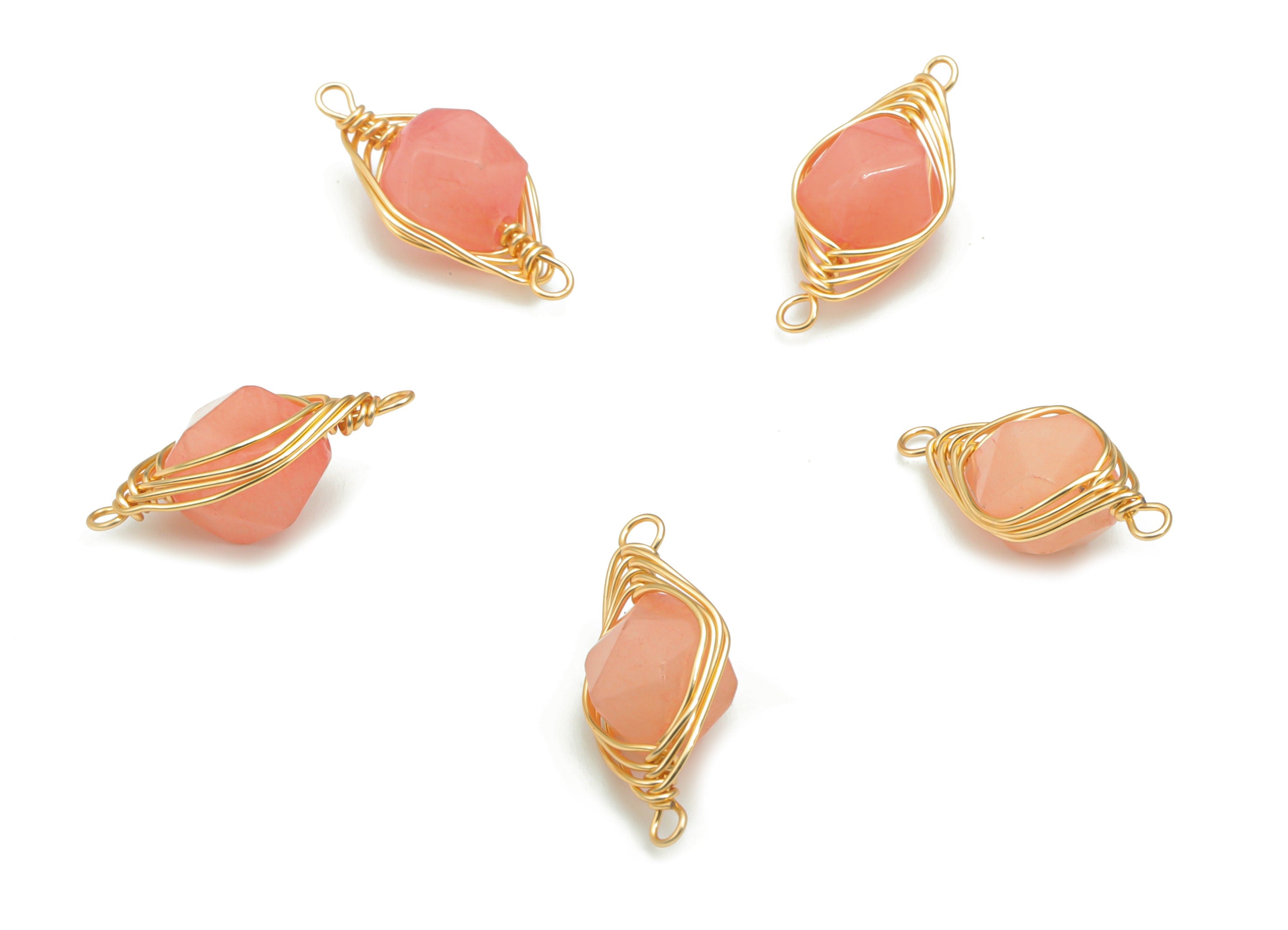 Orange Jade Faceted Natural Stone Connectors - Brass Wire Wrapped Stone Bracelet - Gold Tone Plated Brass – 16.65x7.65x6.53mm – NS1653A - DOMEDBAZAAR