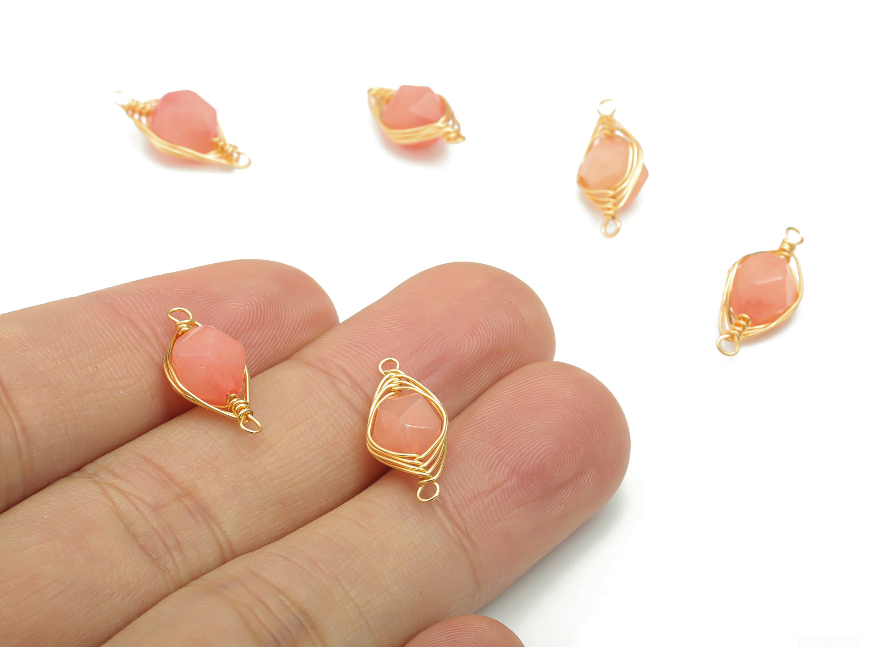 Orange Jade Faceted Natural Stone Connectors - Brass Wire Wrapped Stone Bracelet - Gold Tone Plated Brass – 16.65x7.65x6.53mm – NS1653A - DOMEDBAZAAR