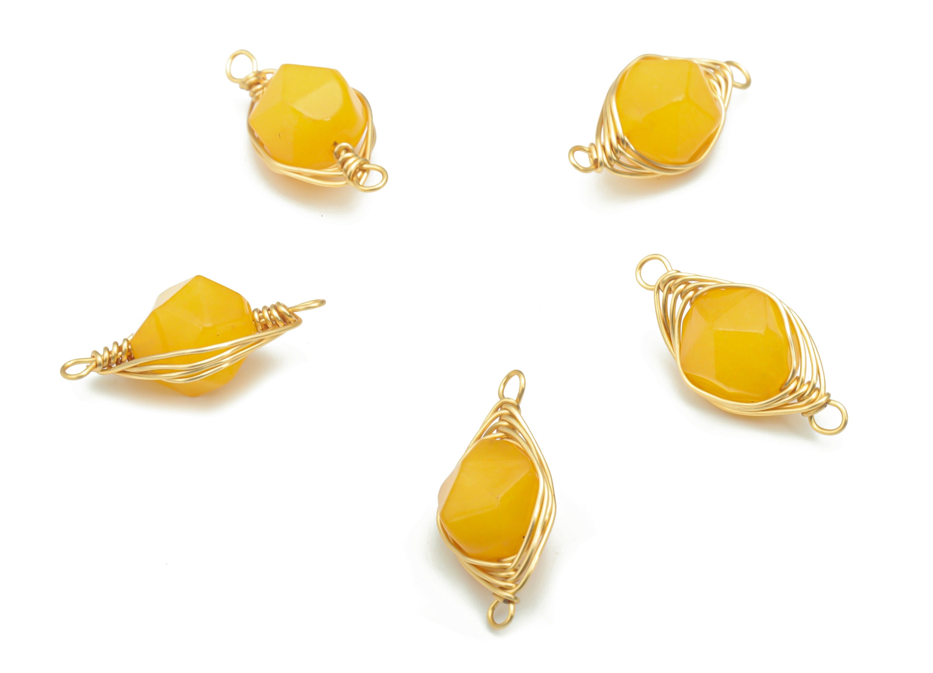 Calcite Orange Faceted Natural Stone Connectors - Brass Wire Wrapped Stone Bracelet - Gold Tone Plated Brass – 17.85x8.32x6.85mm – NS1653B - DOMEDBAZAAR
