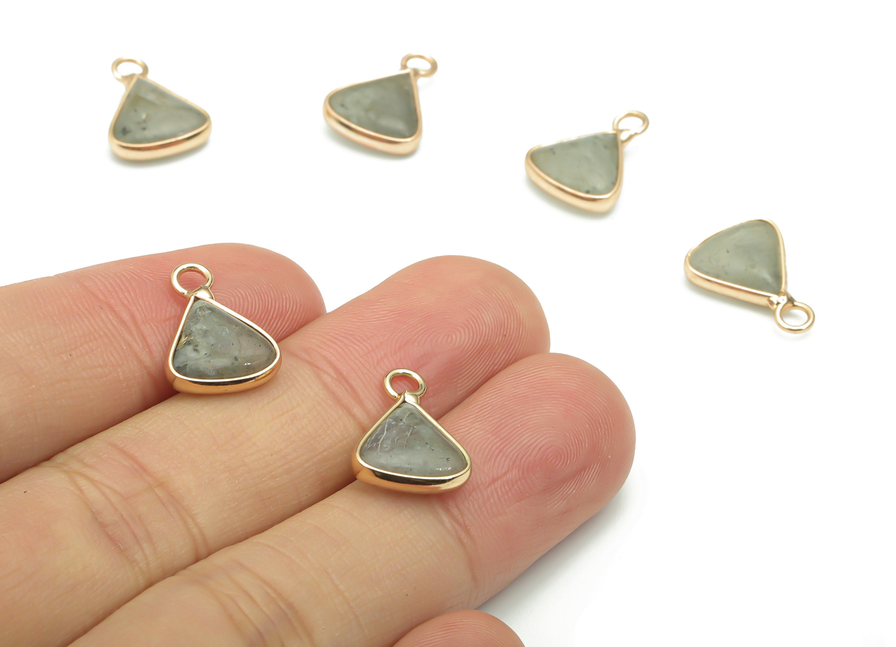 Labradorite Faceted Natural Stone Triangle Earring Charms - Brass Triangle Pendant - Gold Tone Plated Brass – 15.63x11.23x3.91mm – NS1656A - DOMEDBAZAAR
