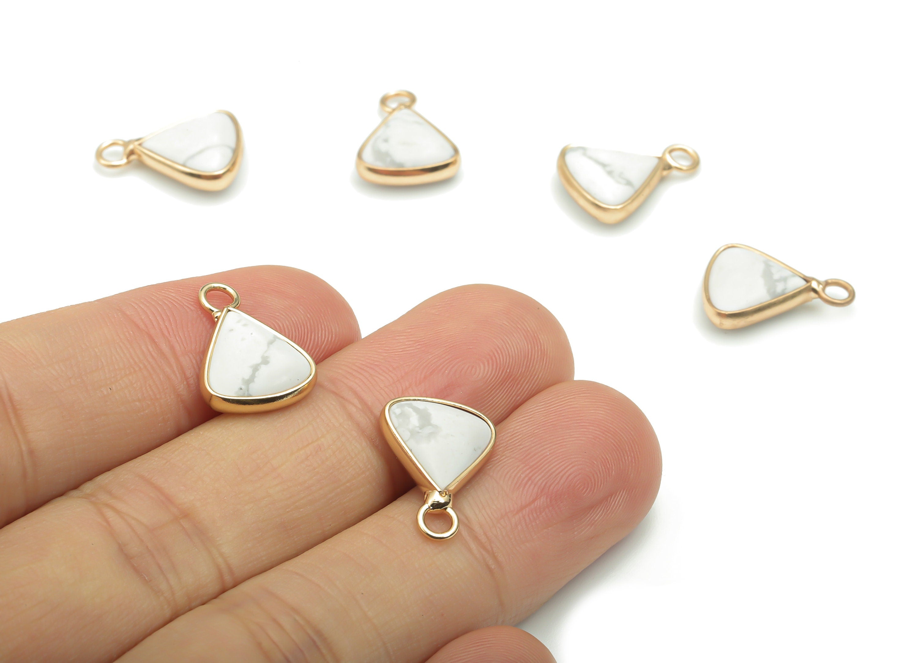 Howlite Faceted Natural Stone Triangle Earring Charms - Brass Triangle Pendant - Gold Tone Plated Brass – 15.79x11.55x4.22mm – NS1656C - DOMEDBAZAAR