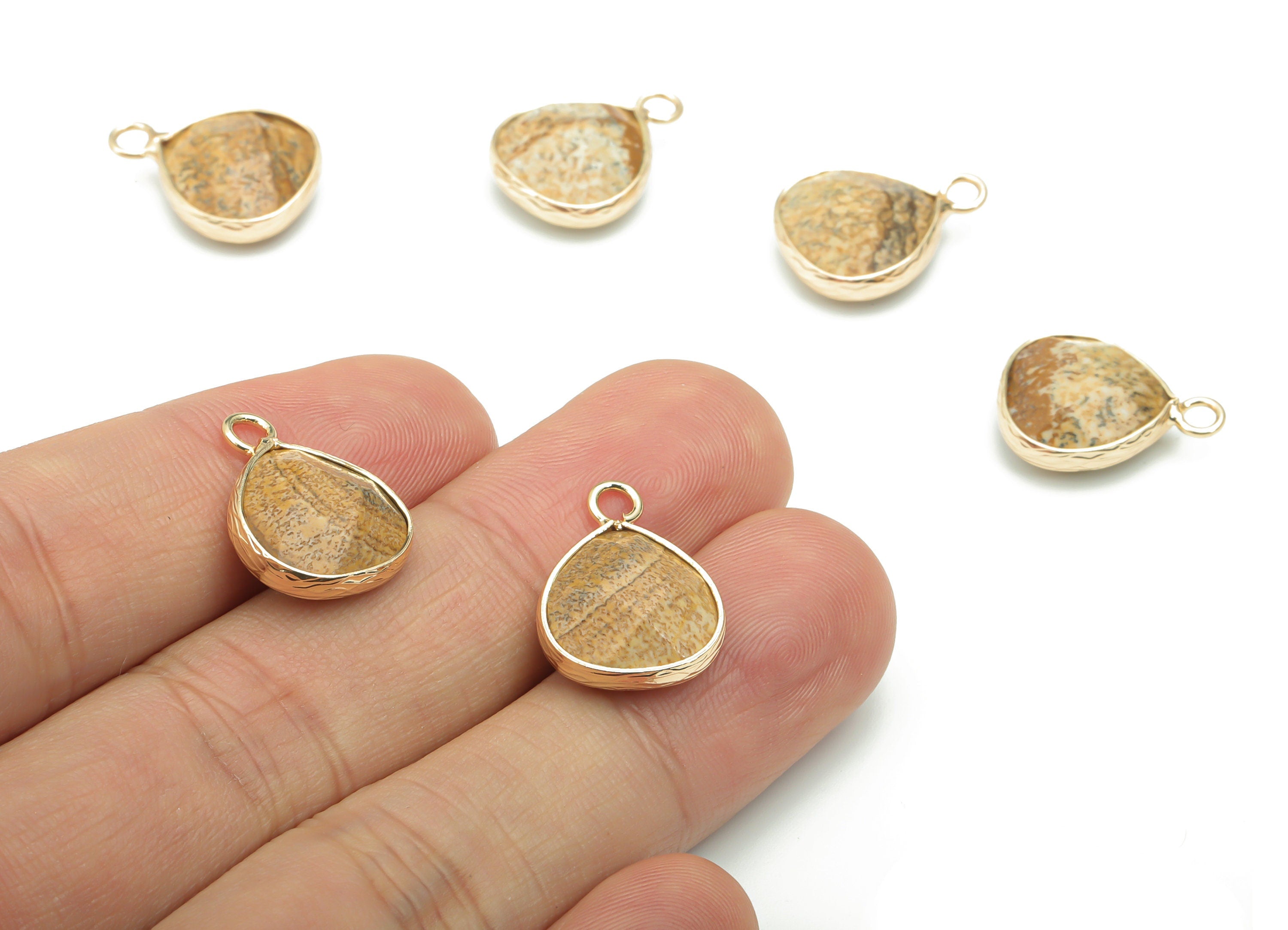 Picture Jasper Faceted Natural Stone Triangle Earring Charms - Brass Triangle Pendant - Gold Tone Plated Brass – 17.82x13.5x6.06mm – NS1638A - DOMEDBAZAAR