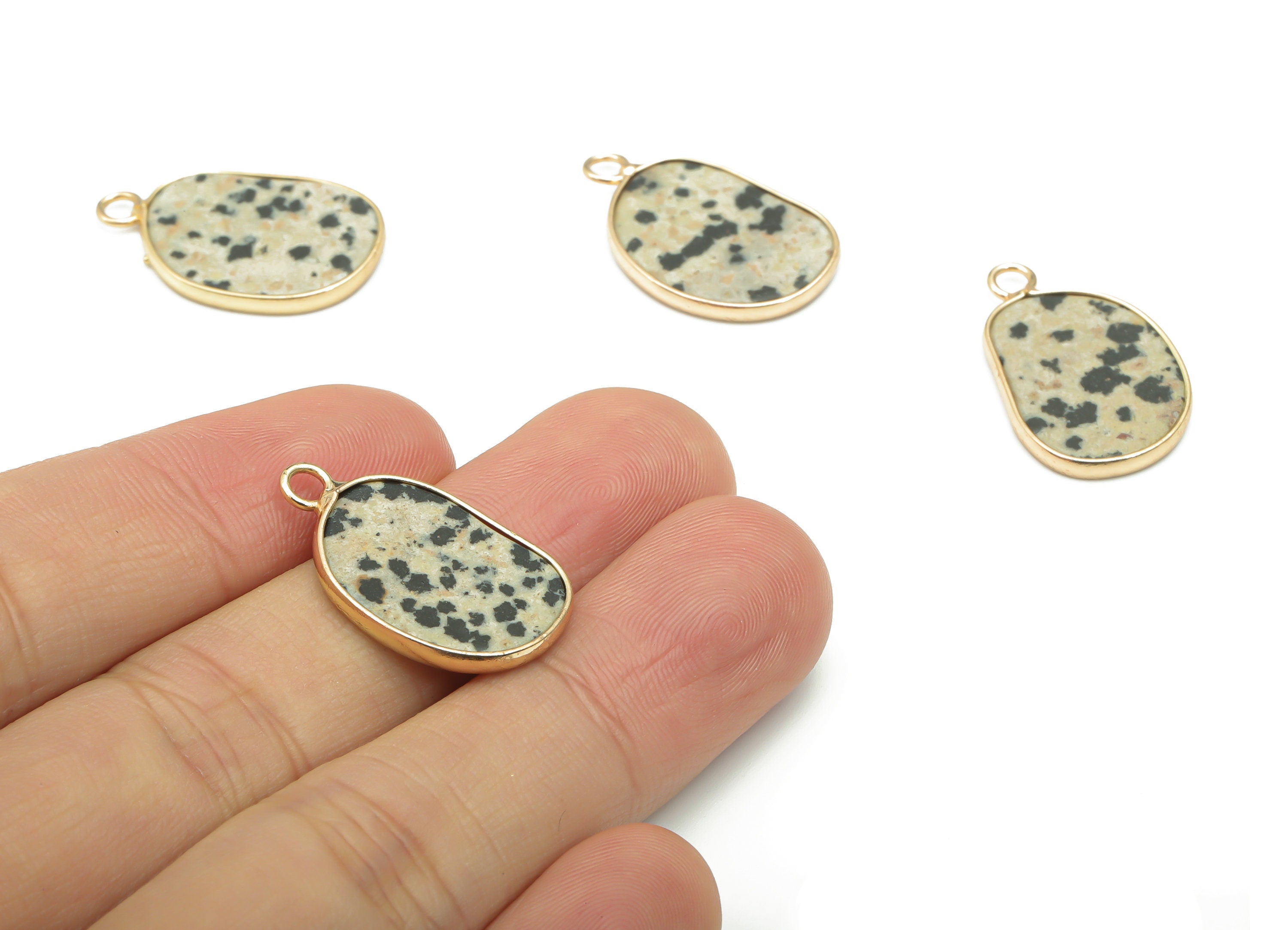 Dalmatian Jasper Natural Stone Bean Charms - Brass Irregular Pendant - Gold Tone Plated Brass – Jewelry Supplies - 24.8x15.2x2.1mm – NS1657C - DOMEDBAZAAR