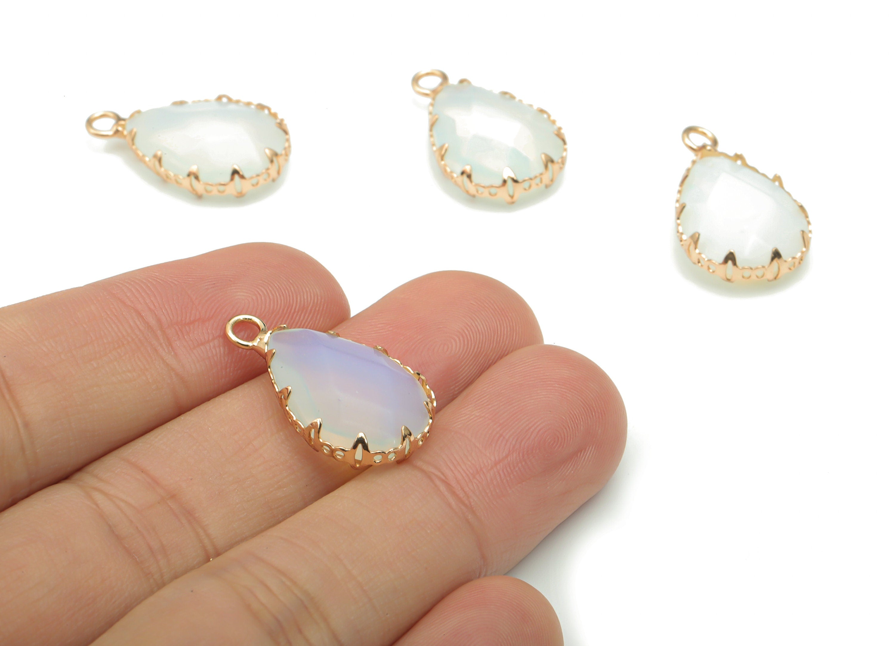 Opalite Faceted Natural Stone Teardrop Charms - Brass Drop Pendant - Gold Tone Plated Brass – Jewelry Supplies - 23.14x13.93x5.6mm – NS1636F - DOMEDBAZAAR