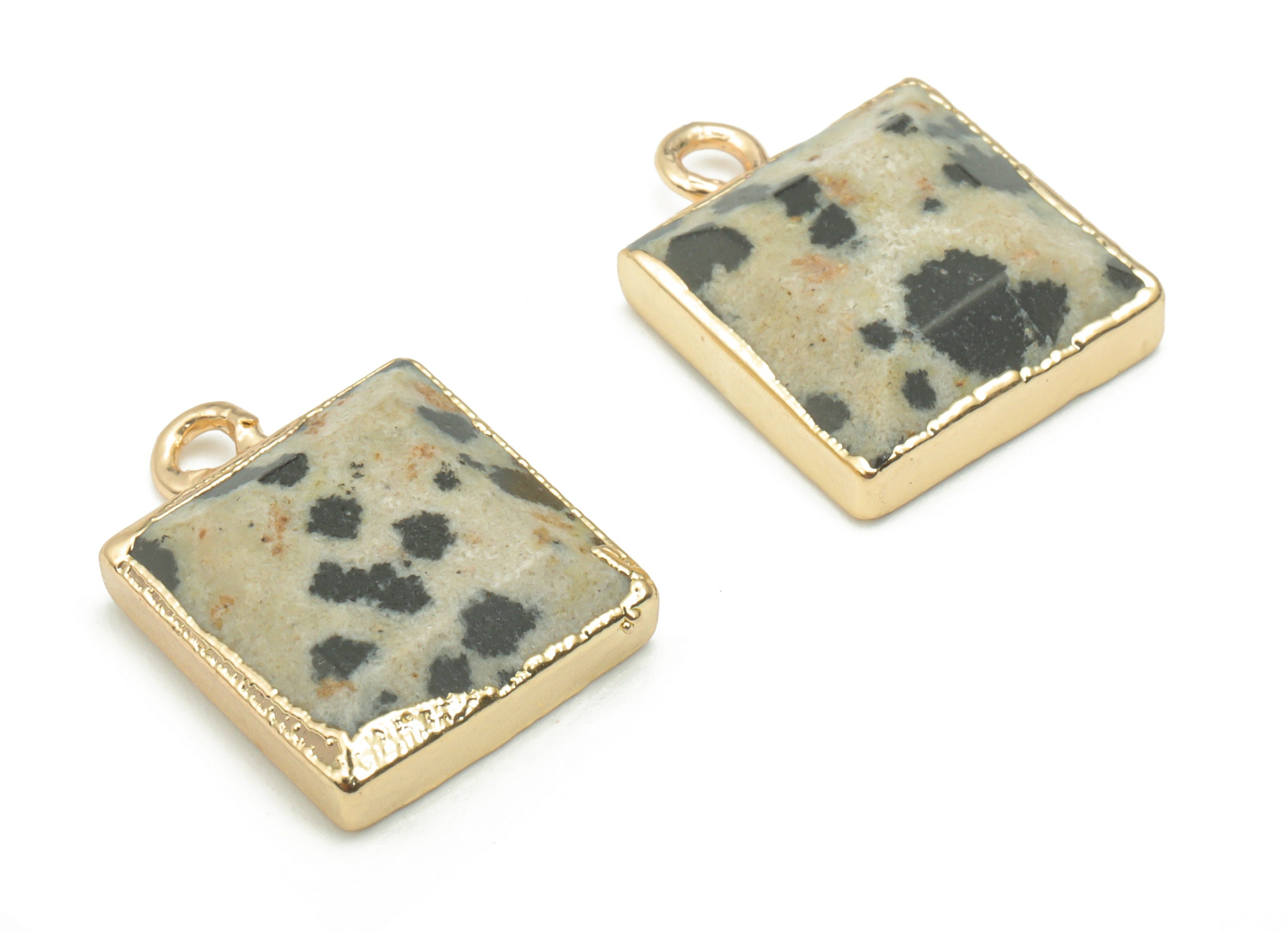 Dalmatian Jasper Natural Stone Square Charms - Brass Square Pendant - Gold Tone Plated Brass – Jewelry Supplies - 15.05x11.76x3.95mm–NS1641A - DOMEDBAZAAR