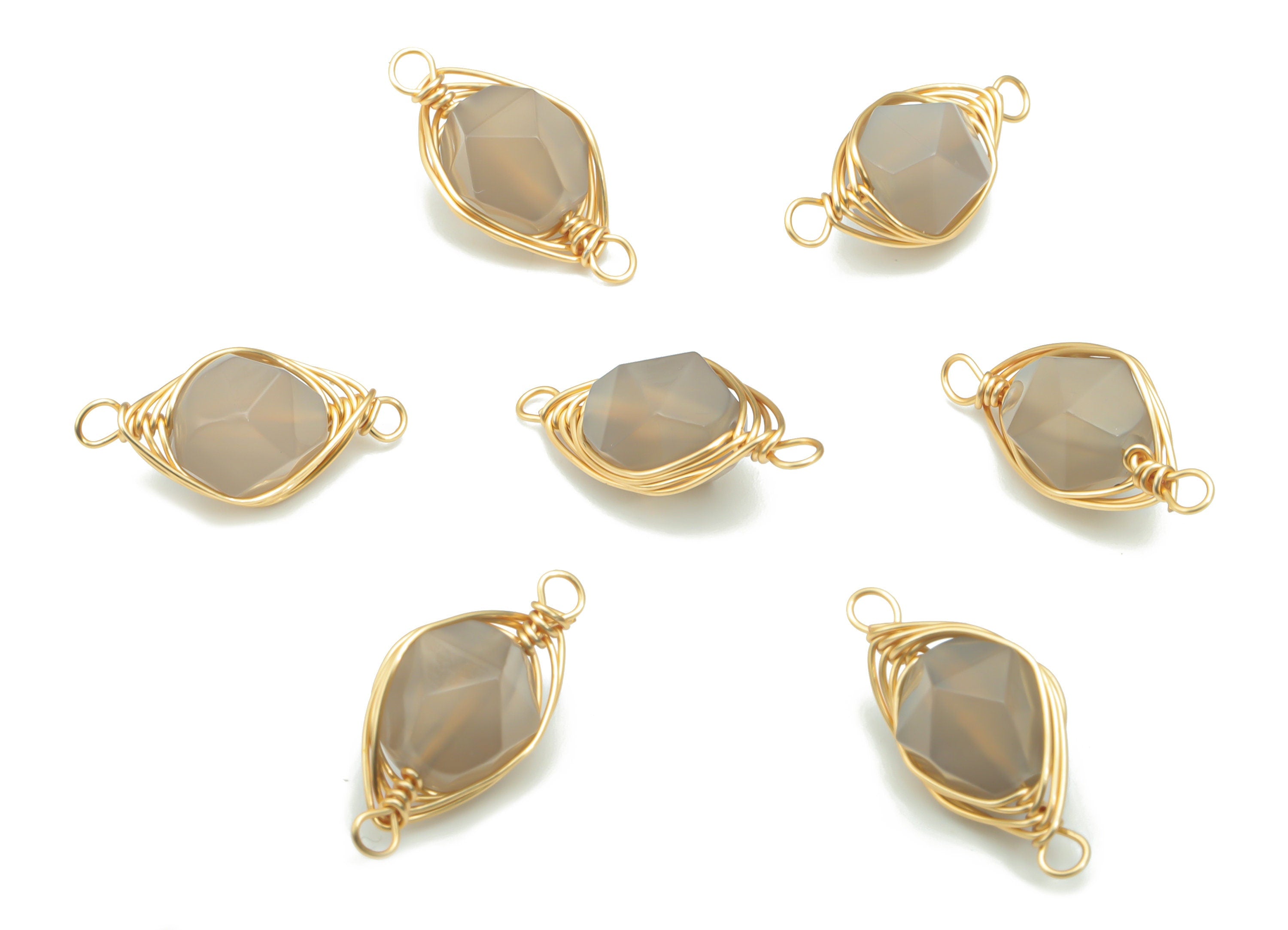Gray Agate Faceted Natural Stone Connectors - Brass Wire Wrapped Stone Bracelet - Gold Tone Plated Brass – 18.19x8.25x6.85mm – NS1653G - DOMEDBAZAAR