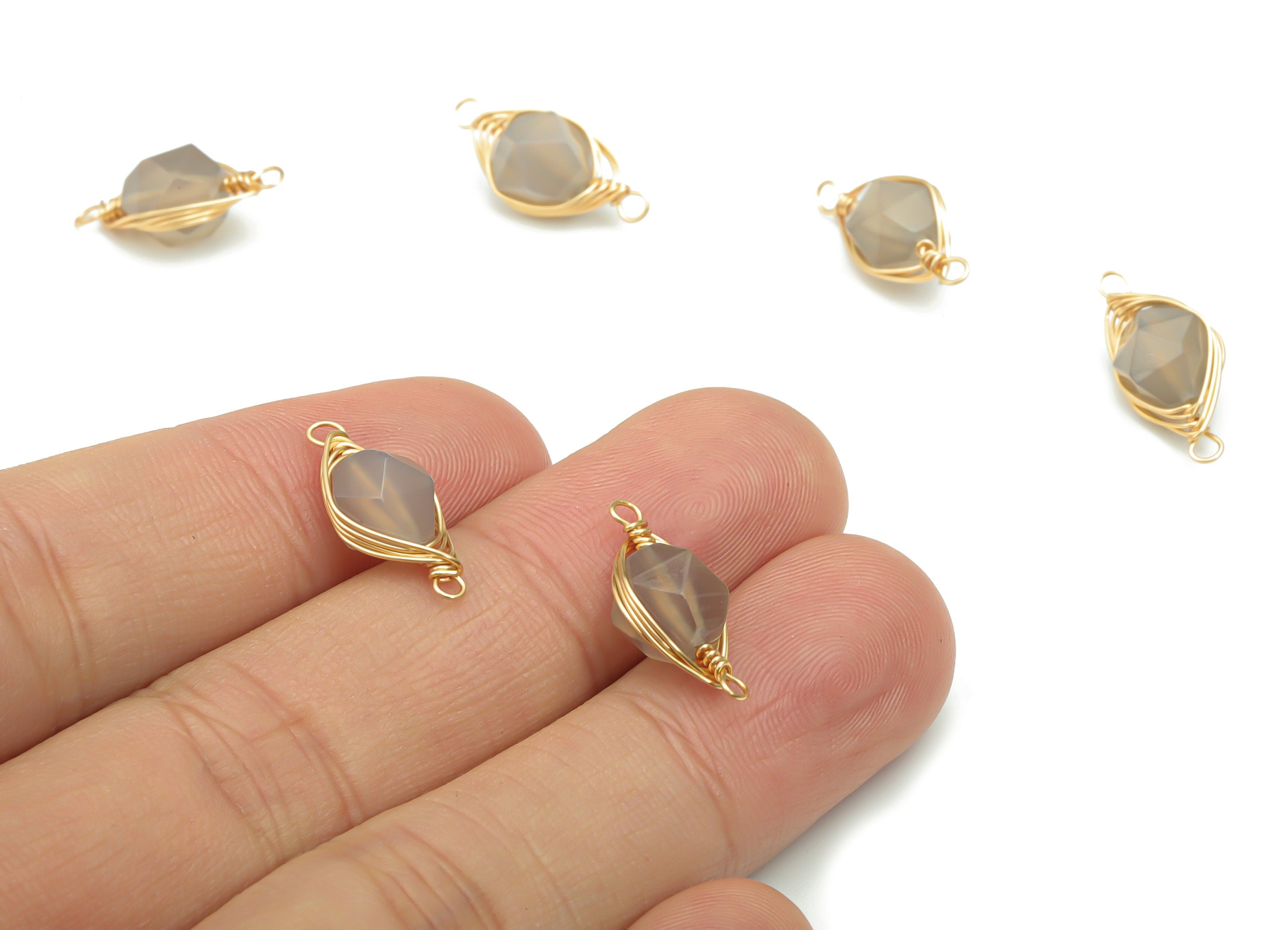 Gray Agate Faceted Natural Stone Connectors - Brass Wire Wrapped Stone Bracelet - Gold Tone Plated Brass – 18.19x8.25x6.85mm – NS1653G - DOMEDBAZAAR