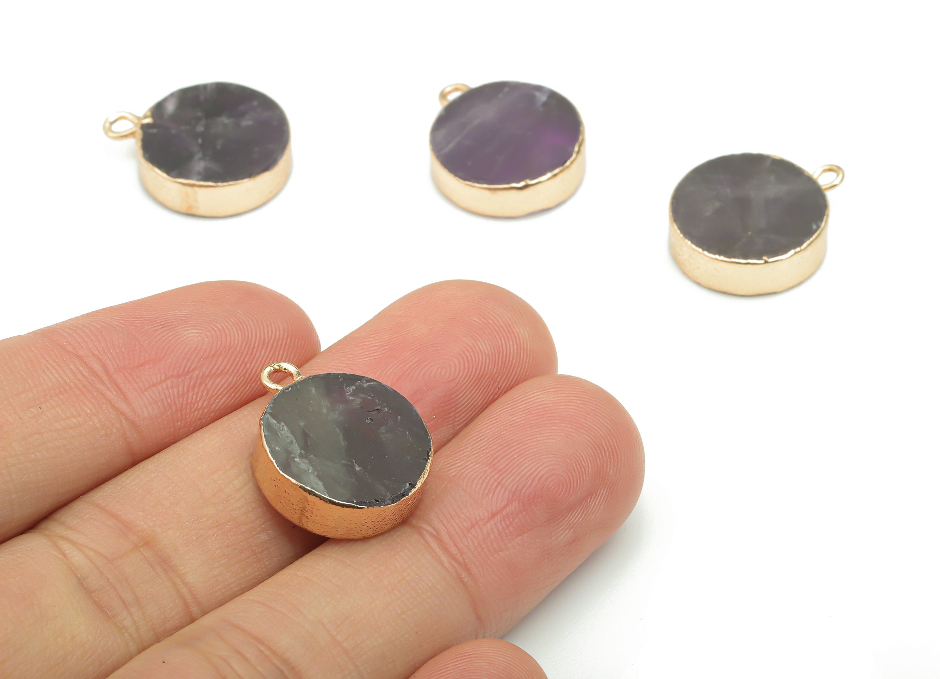 Amethyst Natural Stone Circle Earring Charms - Brass Round Pendant - Gold Tone Plated Brass – Jewelry Supplies - 19.7x15.7x4.7mm – NS1633A - DOMEDBAZAAR