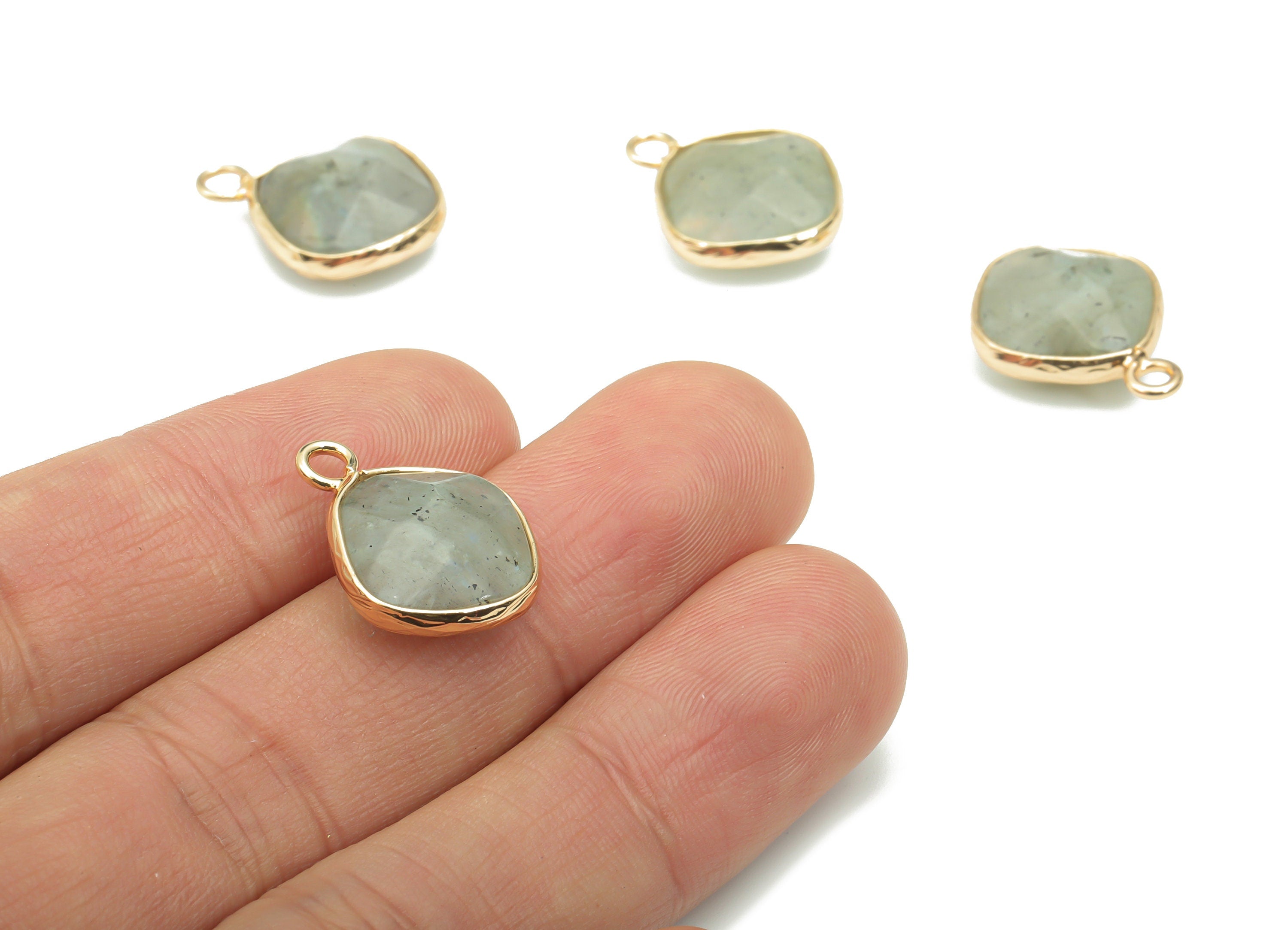 Labradorite Faceted Natural Stone Square Earring Charms - Brass Diamond Pendant - Gold Tone Plated Brass – 19.3x15.34x6.28mm – NS1637F - DOMEDBAZAAR