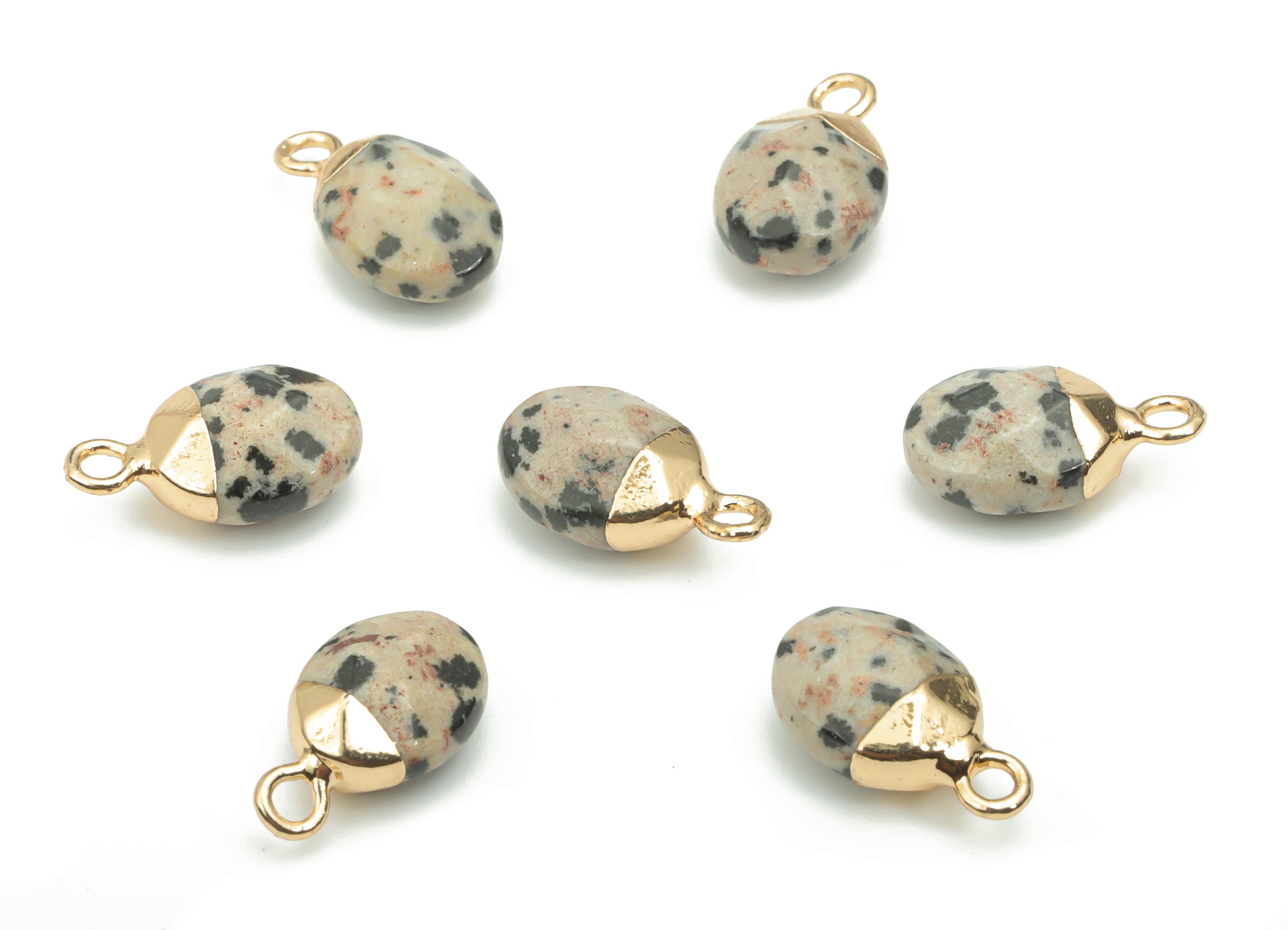 Dalmatian Jasper Natural Stone Earring Charms - Brass Oval Pendant - Gold Tone Plated Brass – Jewelry Supplies - 13.85x8.12x5.6mm – NS1644 - DOMEDBAZAAR